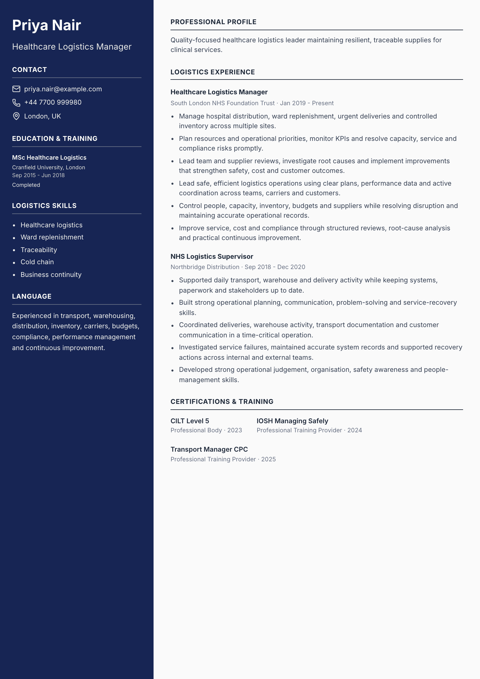 Healthcare Logistics Manager CV template