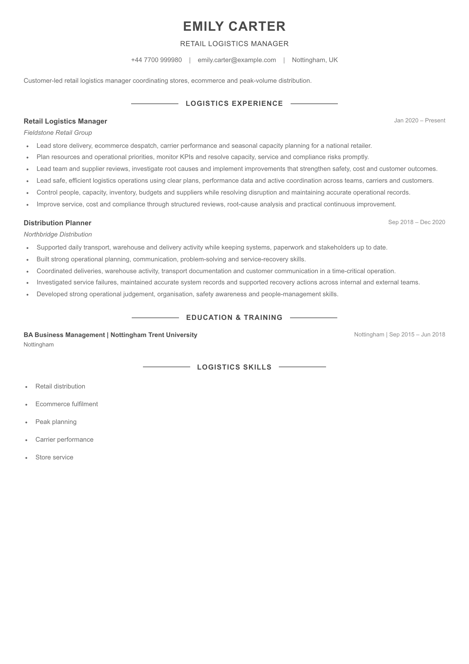 Retail Logistics Manager CV template