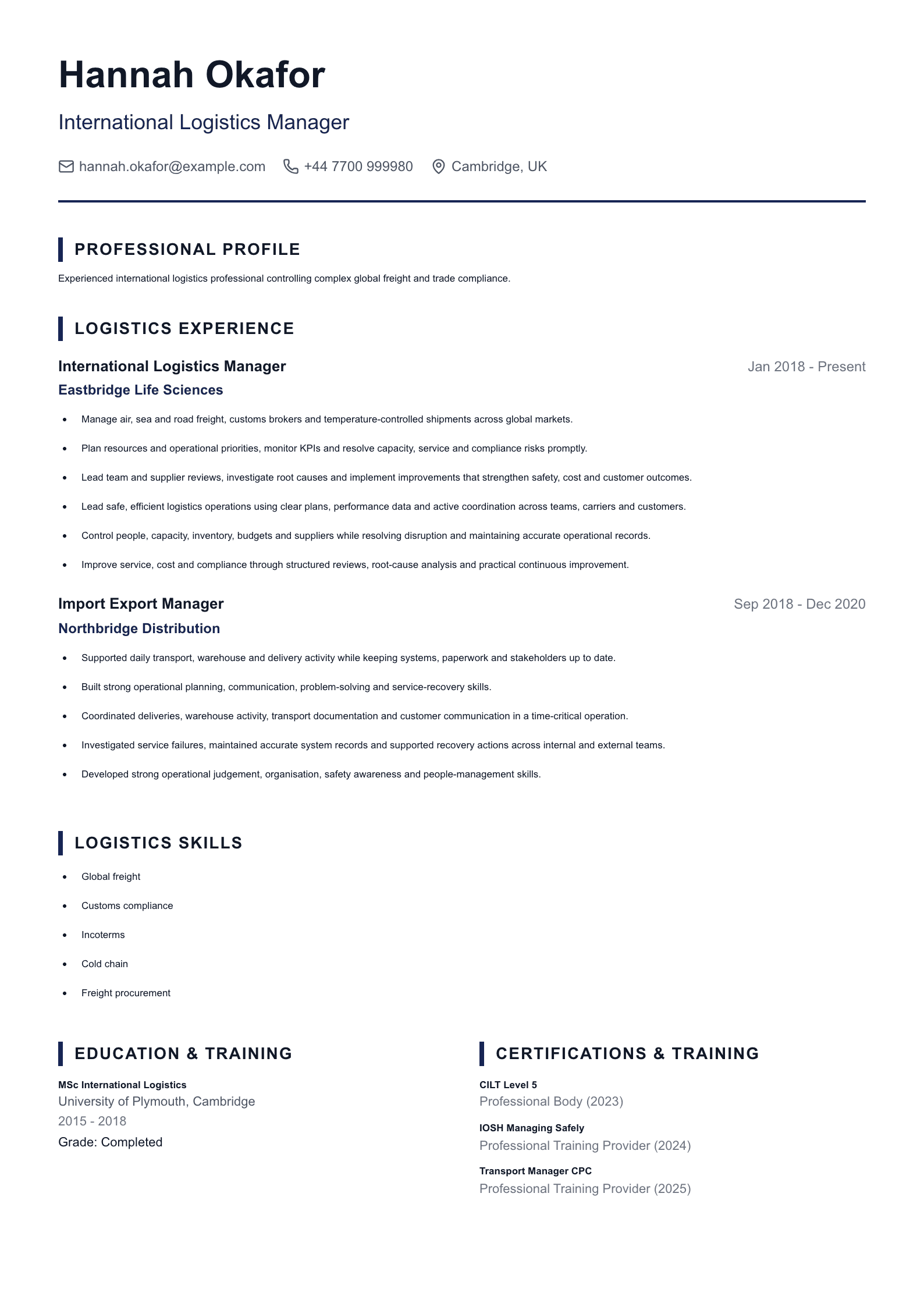 International Logistics Manager CV template