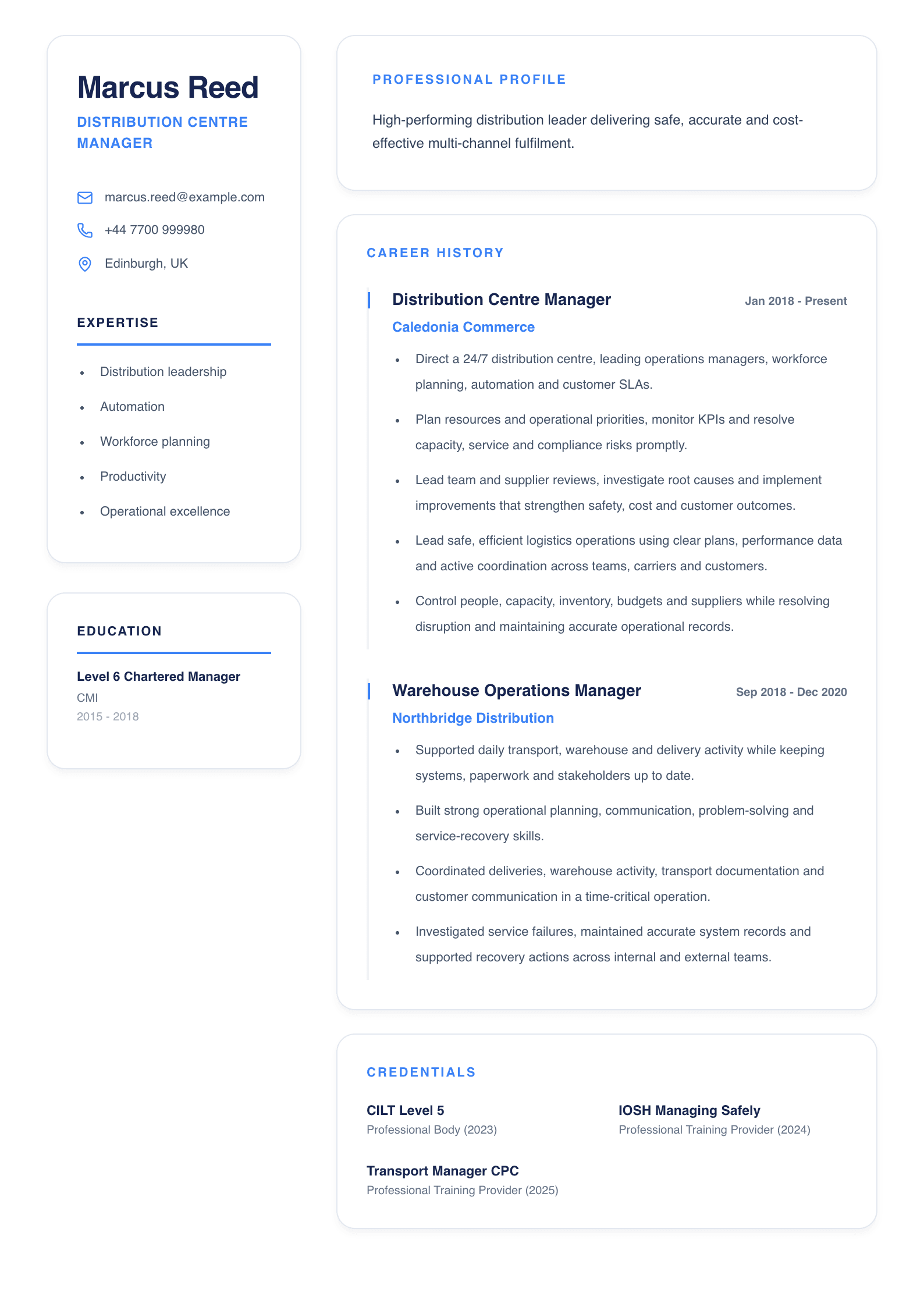 Distribution Centre Manager CV template