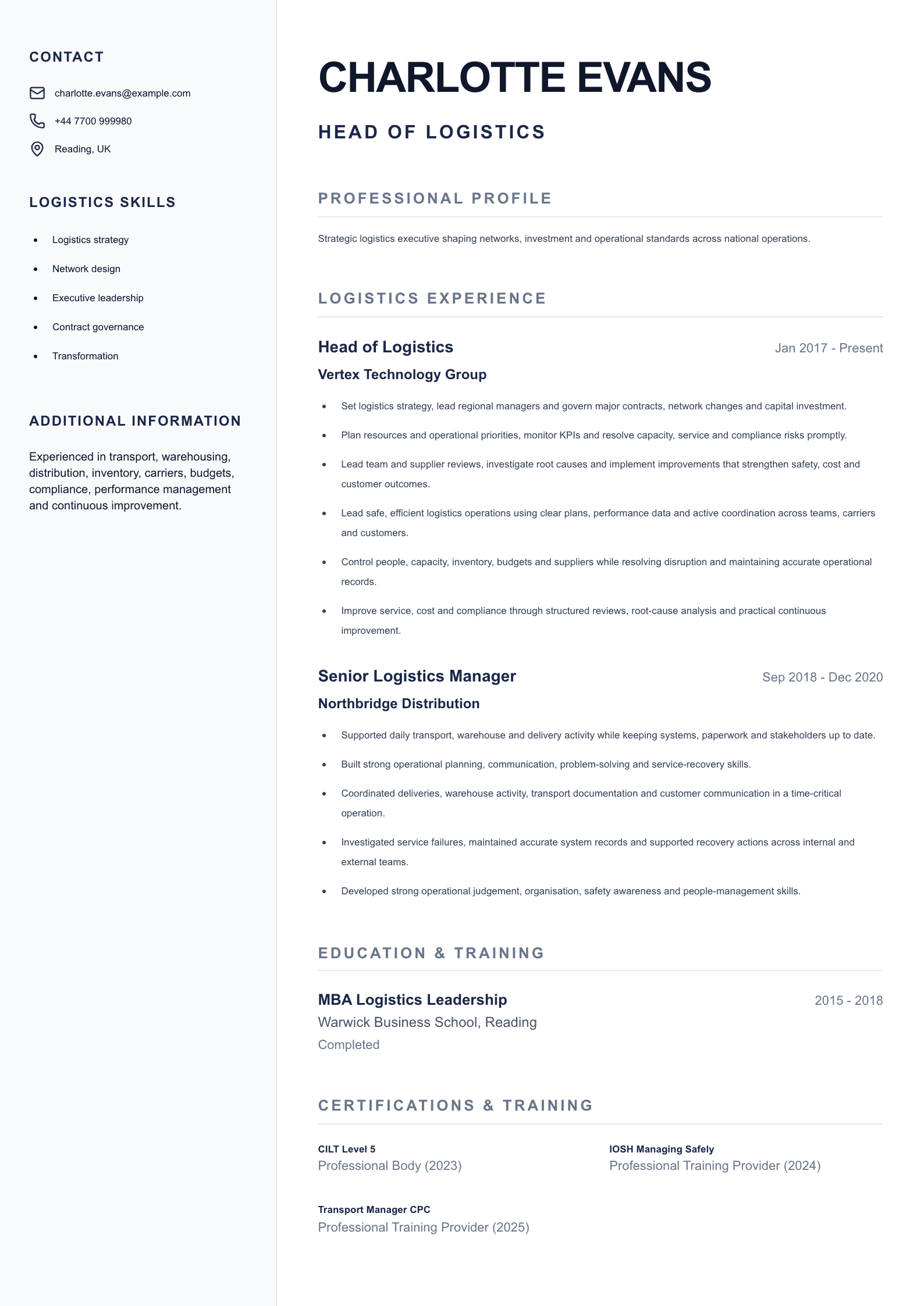 Head of Logistics CV template