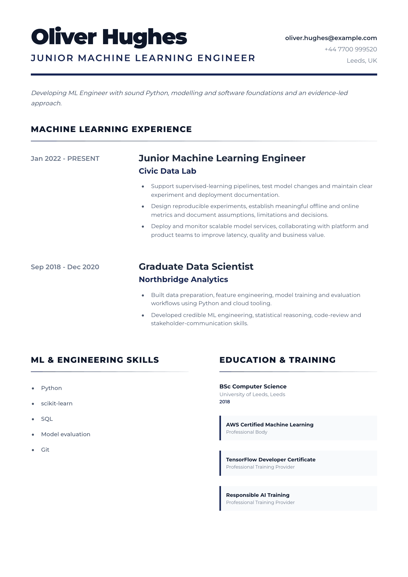 Junior Machine Learning Engineer CV template