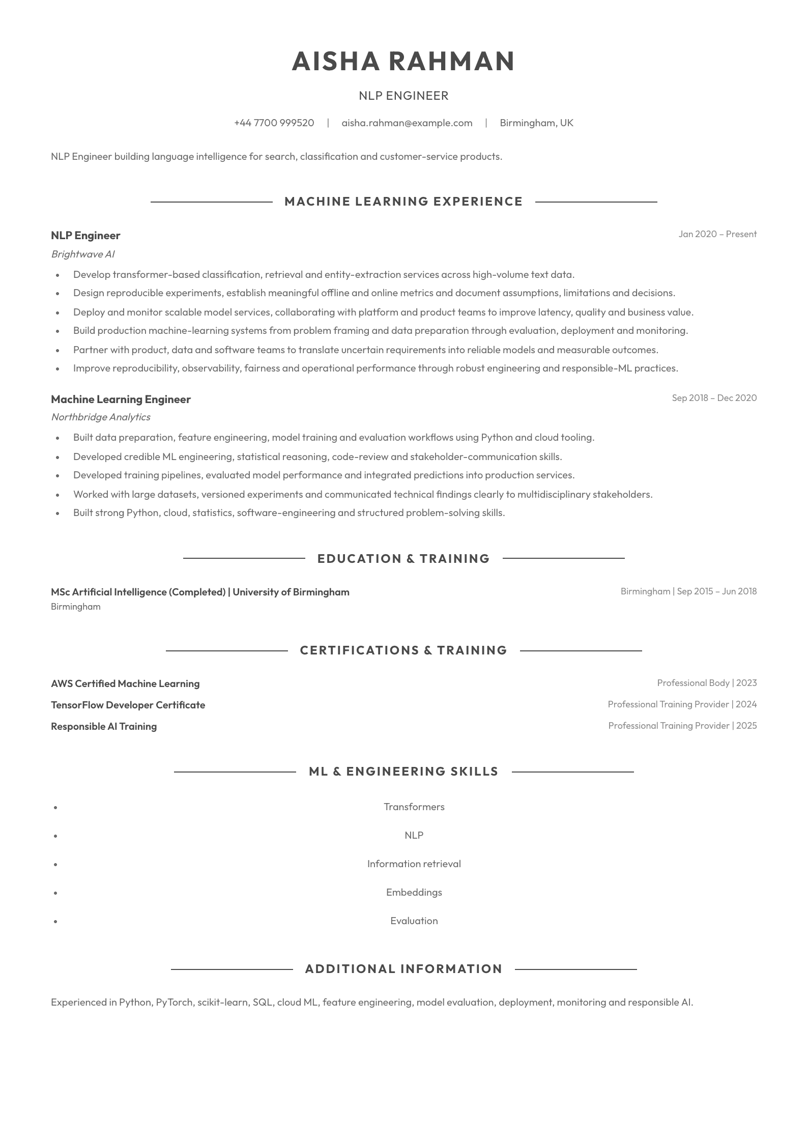 NLP Engineer CV template