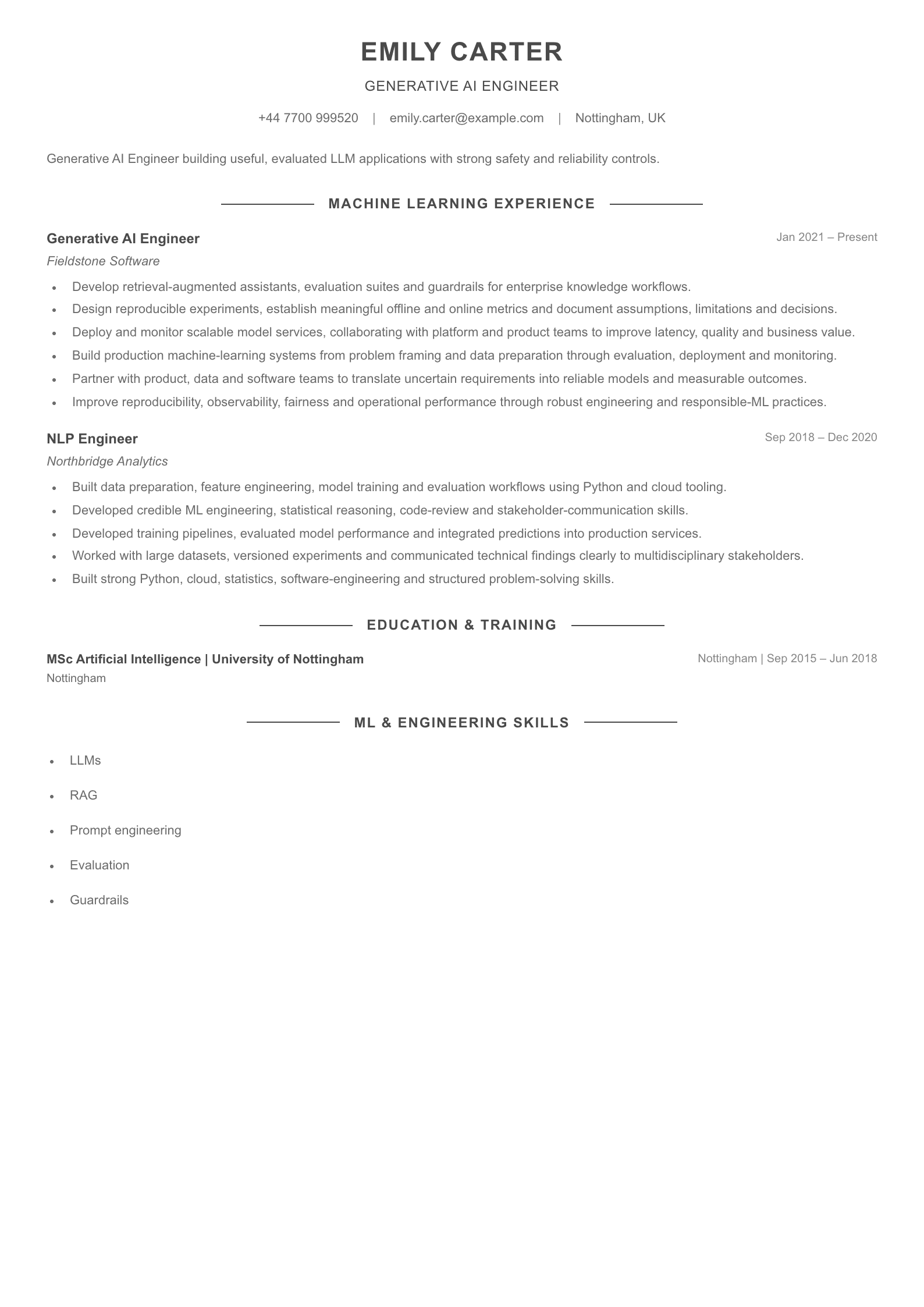 Generative AI Engineer CV template