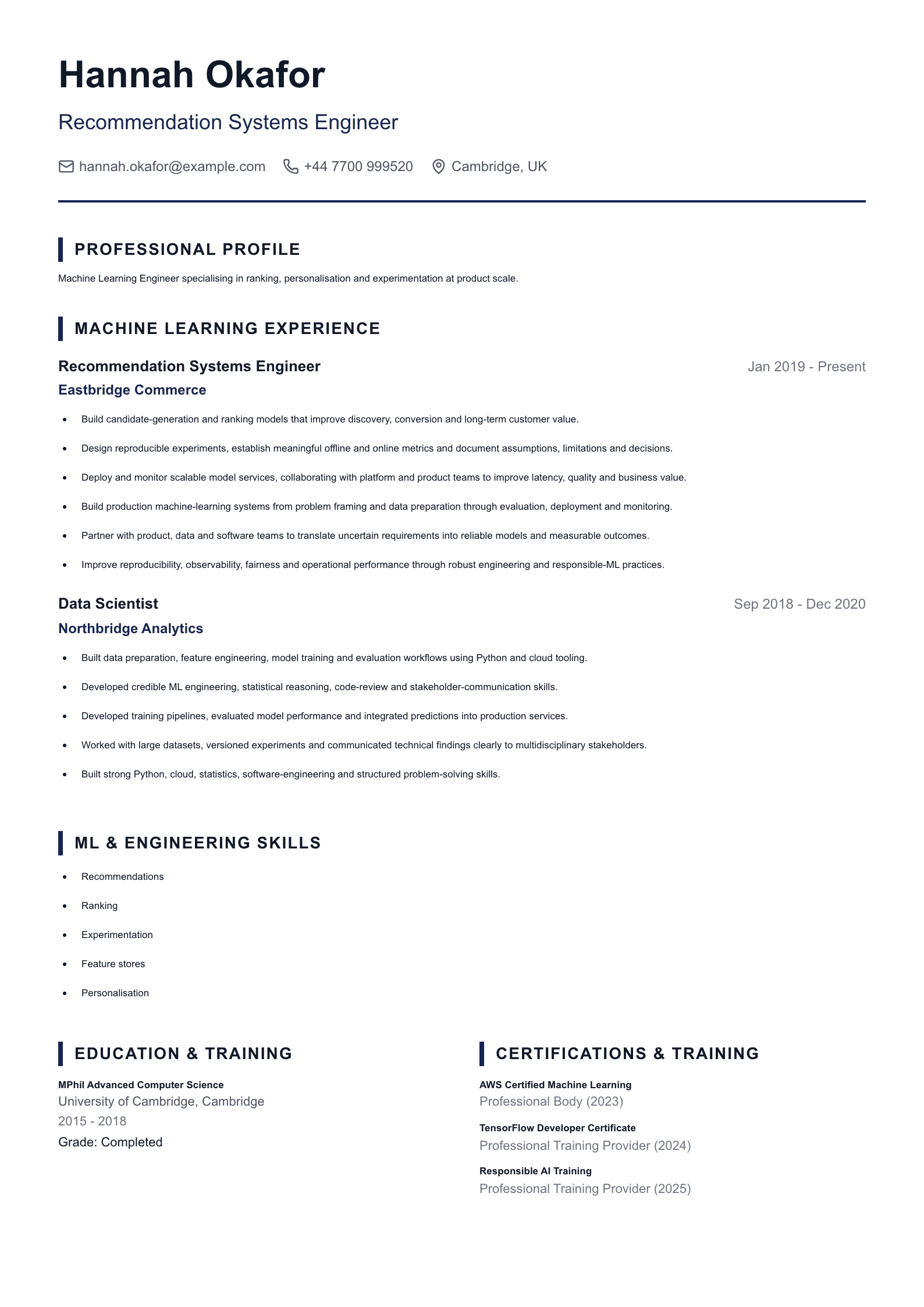 Recommendation Systems Engineer CV template