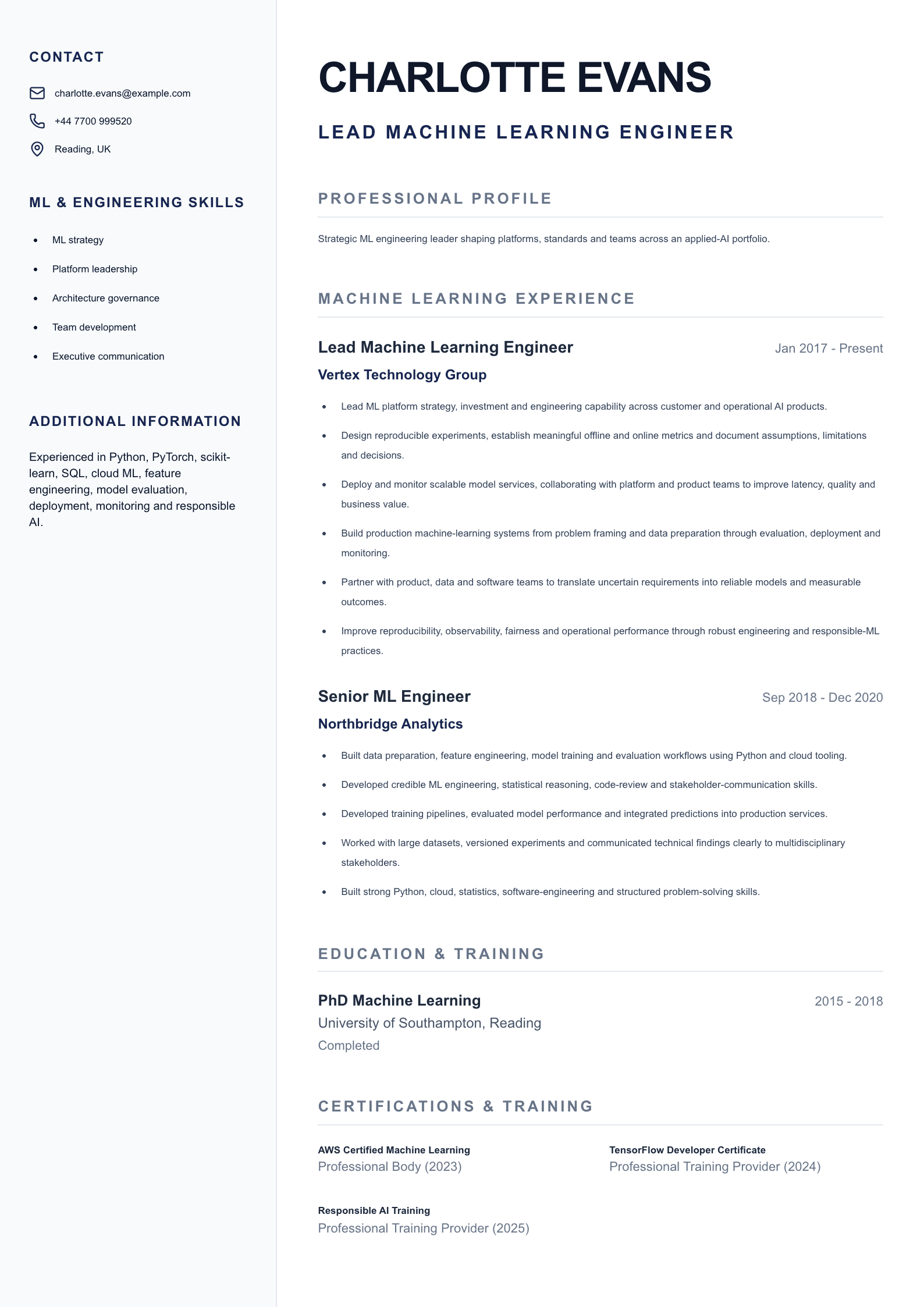 Lead Machine Learning Engineer CV template