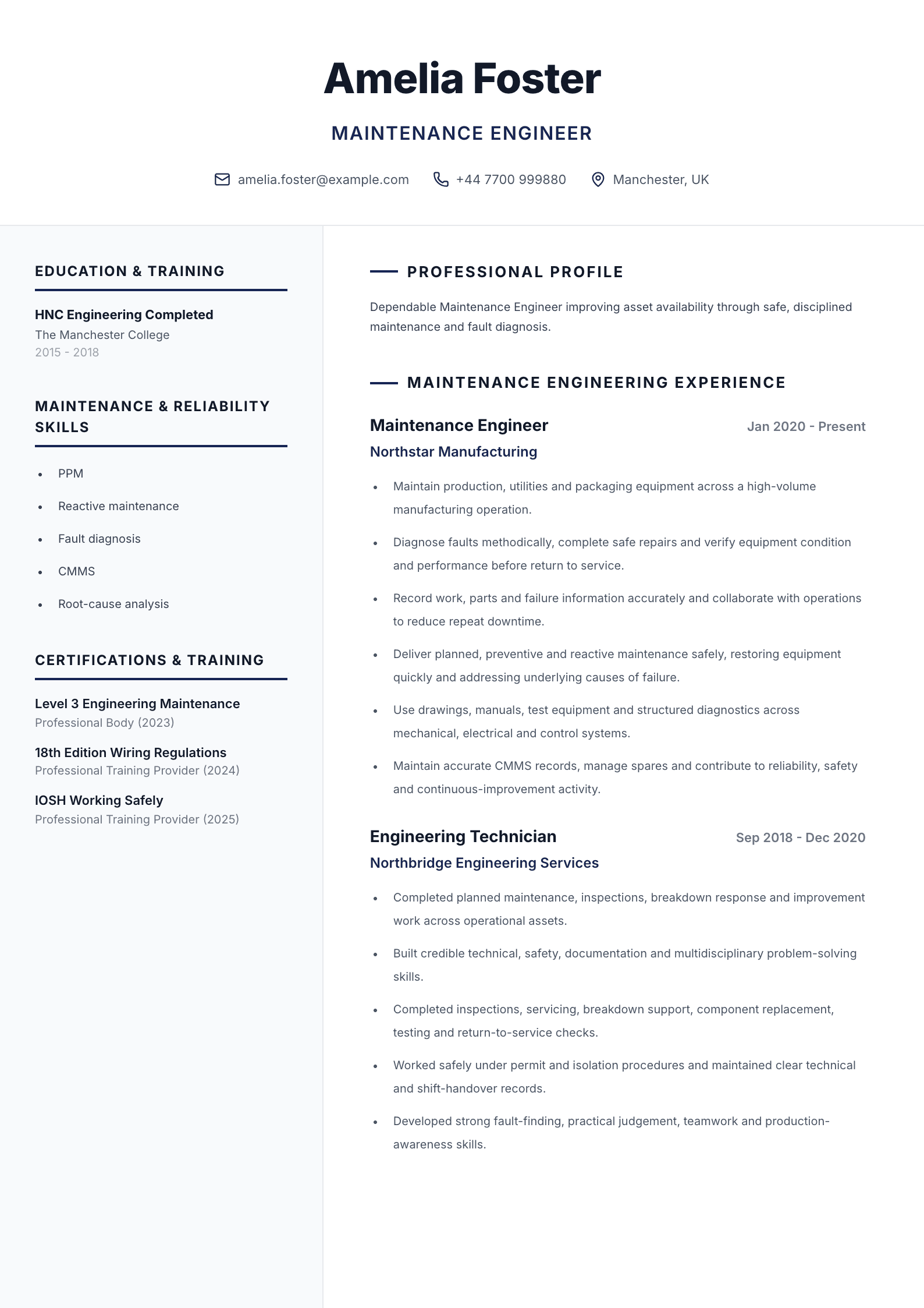 Maintenance engineer CV