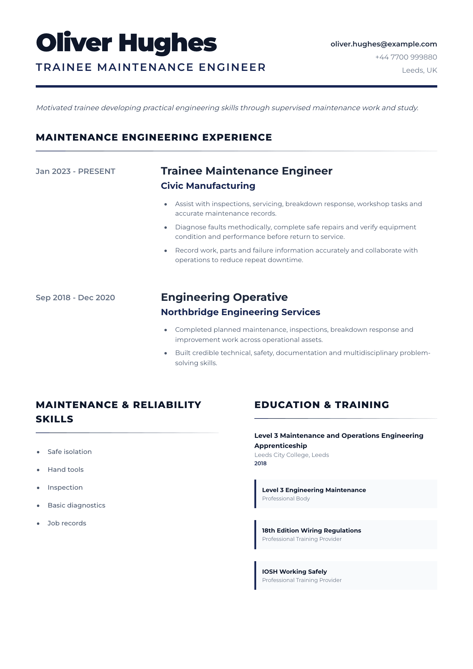 Trainee Maintenance Engineer CV template