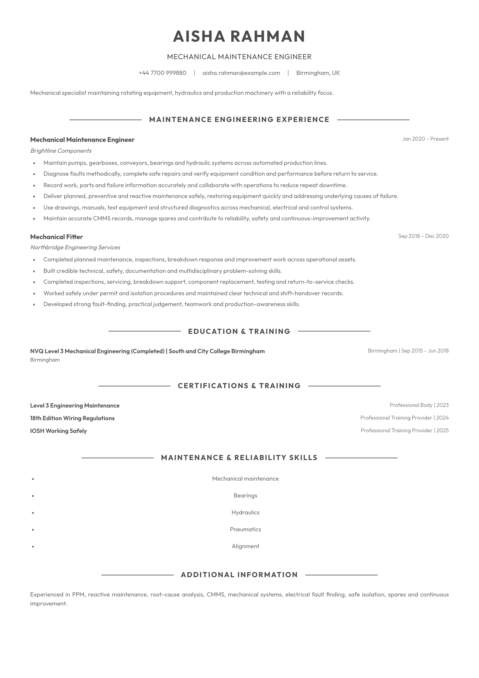 Mechanical Maintenance Engineer CV template