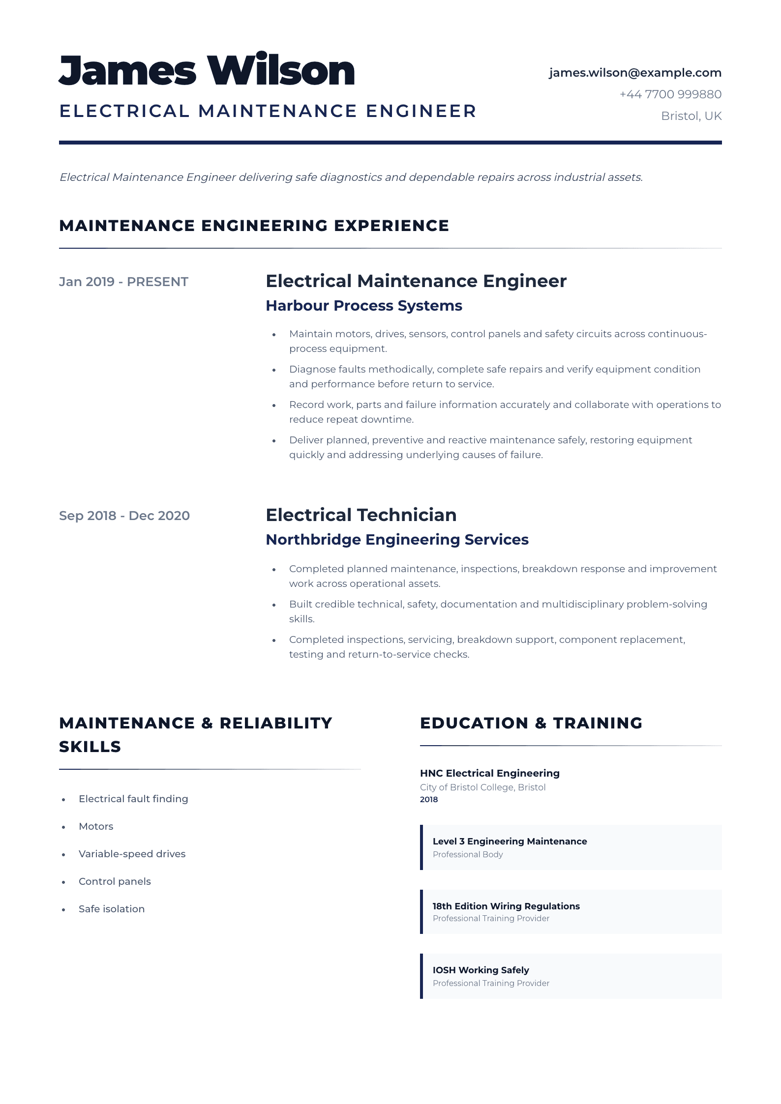 Electrical Maintenance Engineer CV template