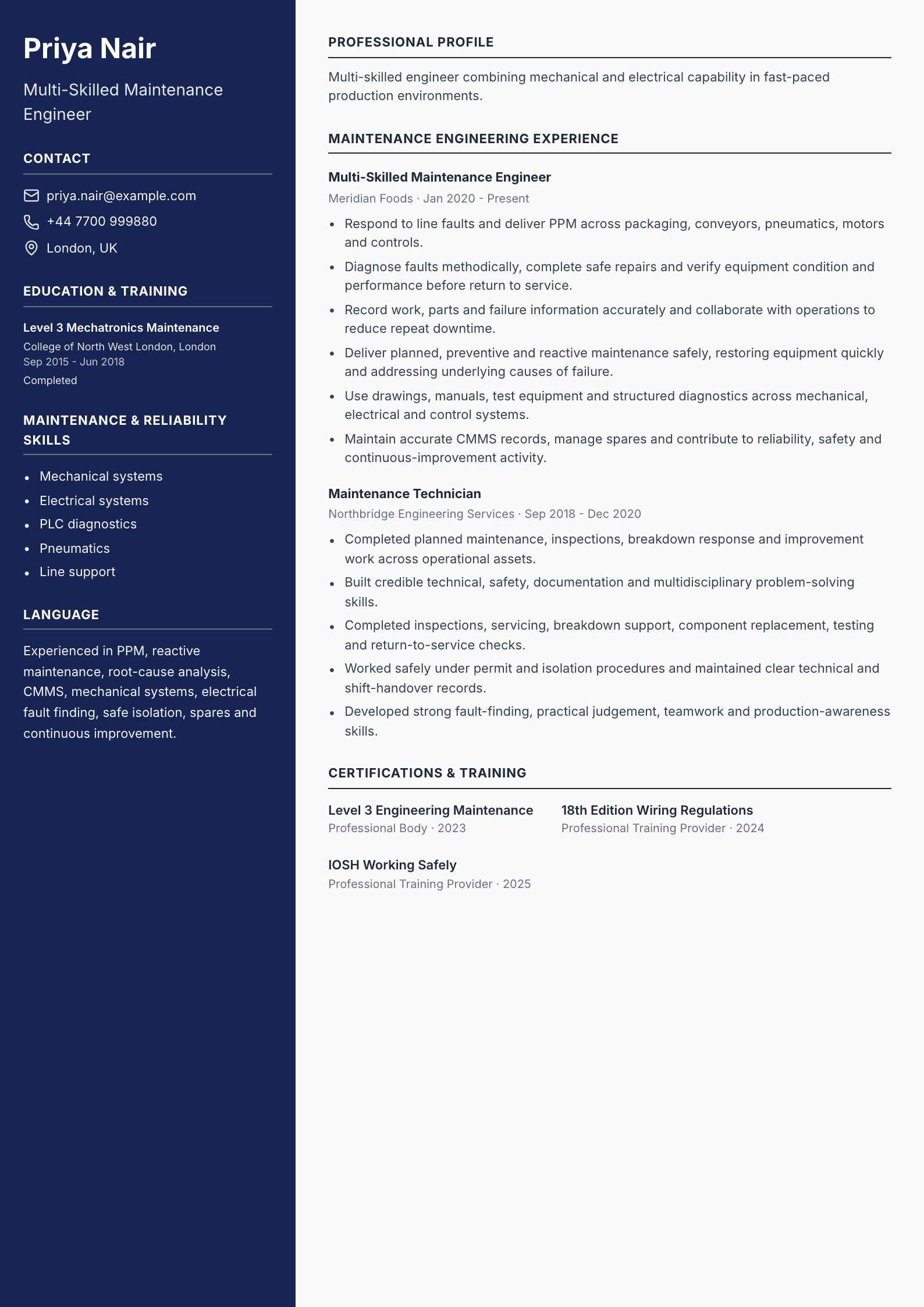 Multi-Skilled Maintenance Engineer CV template