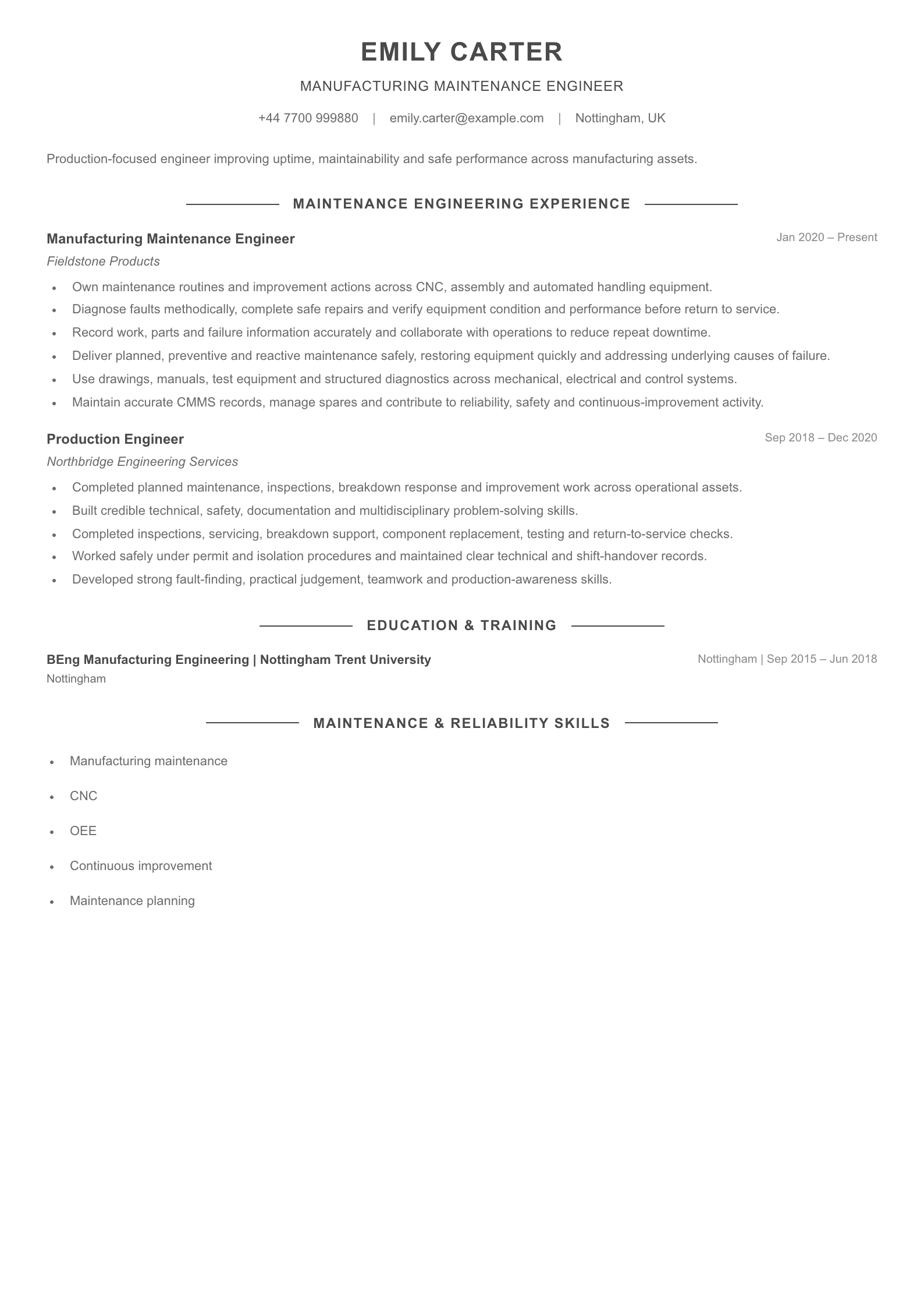 Manufacturing Maintenance Engineer CV template