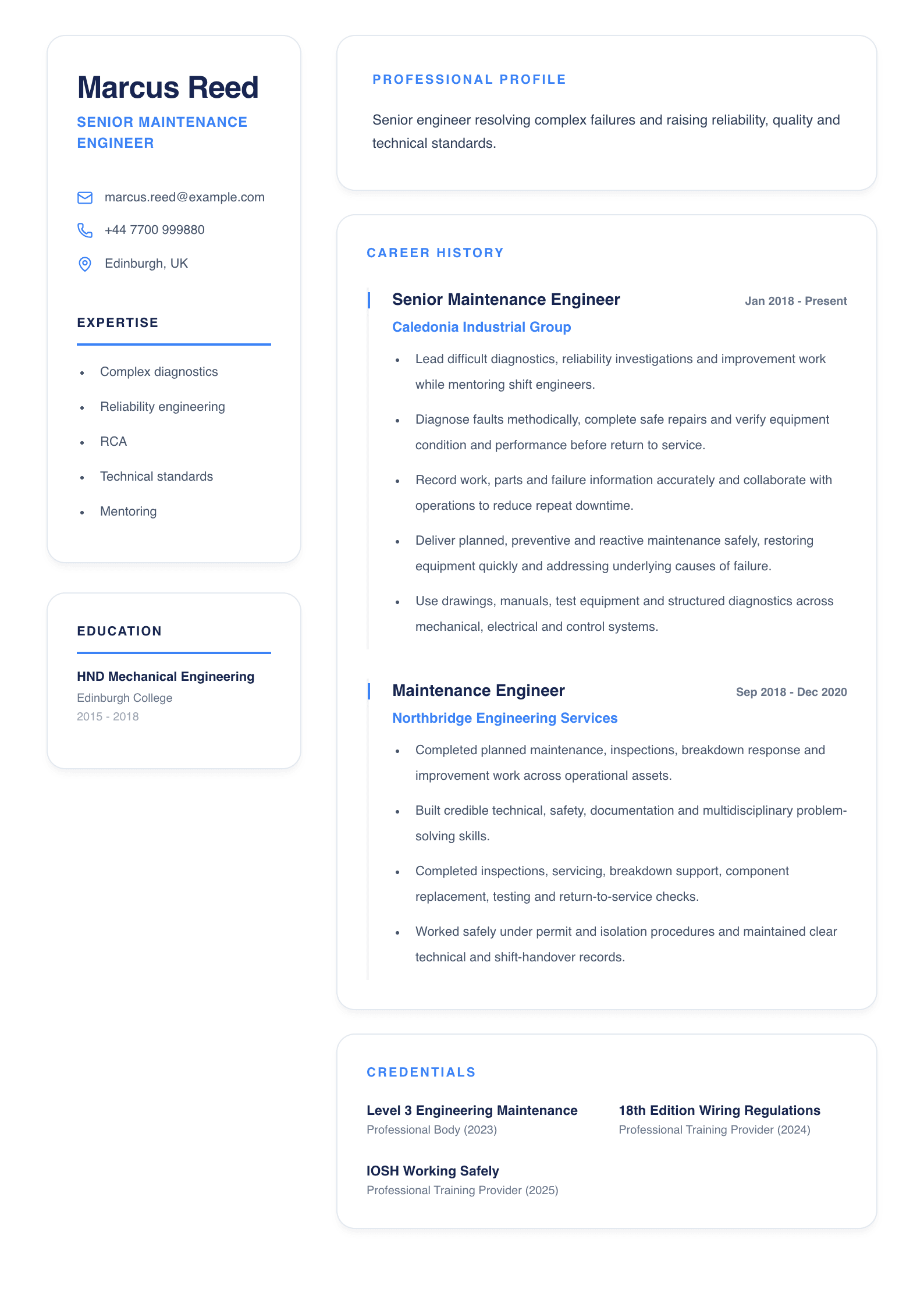 Senior Maintenance Engineer CV template