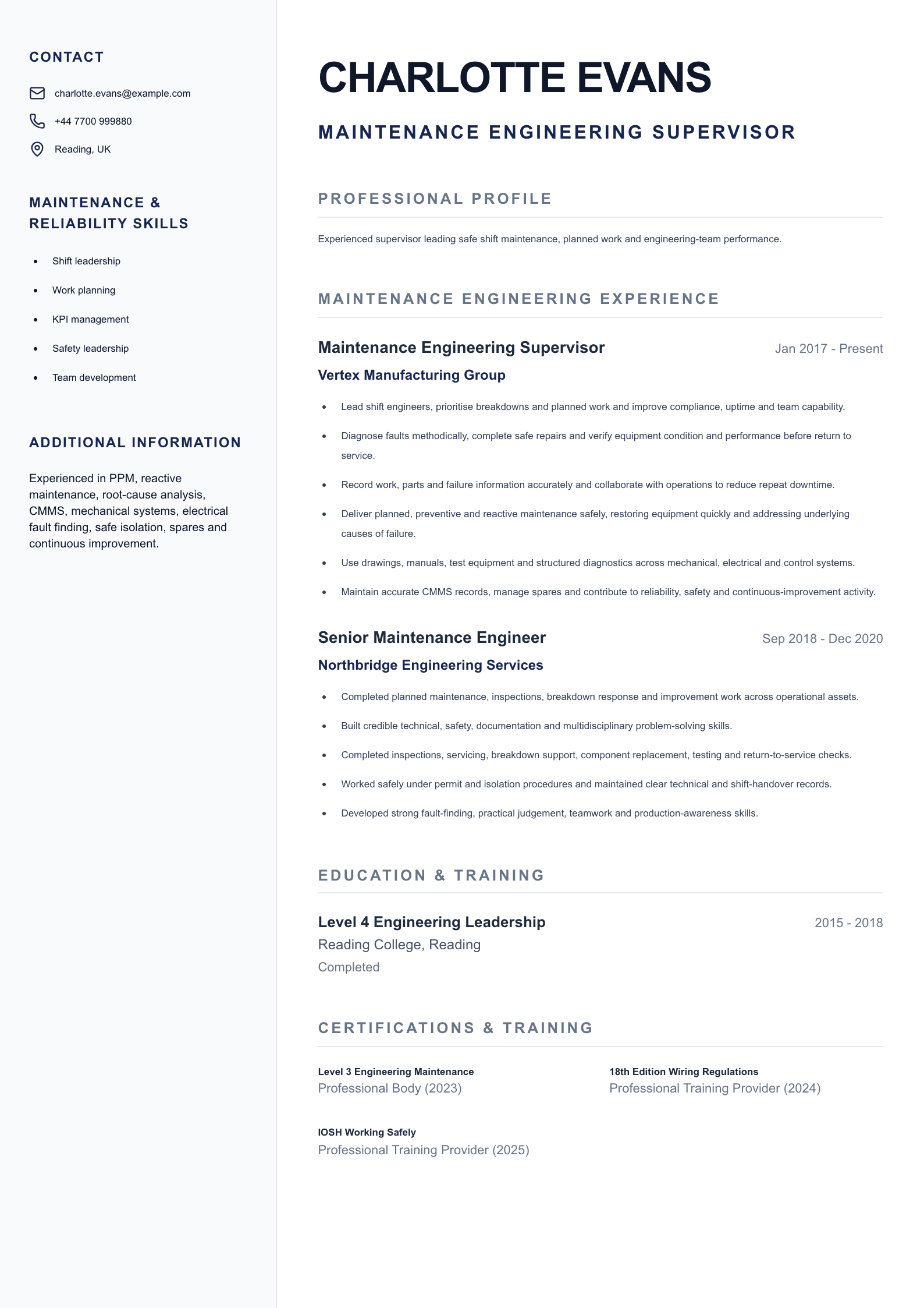 Maintenance Engineering Supervisor CV template