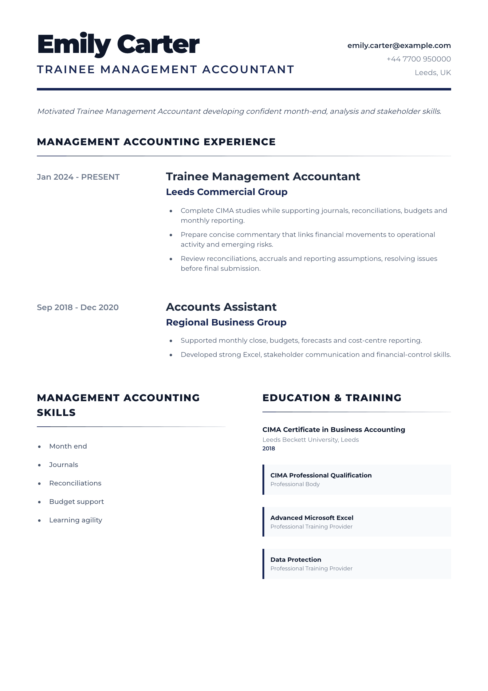 Trainee Management Accountant CV template