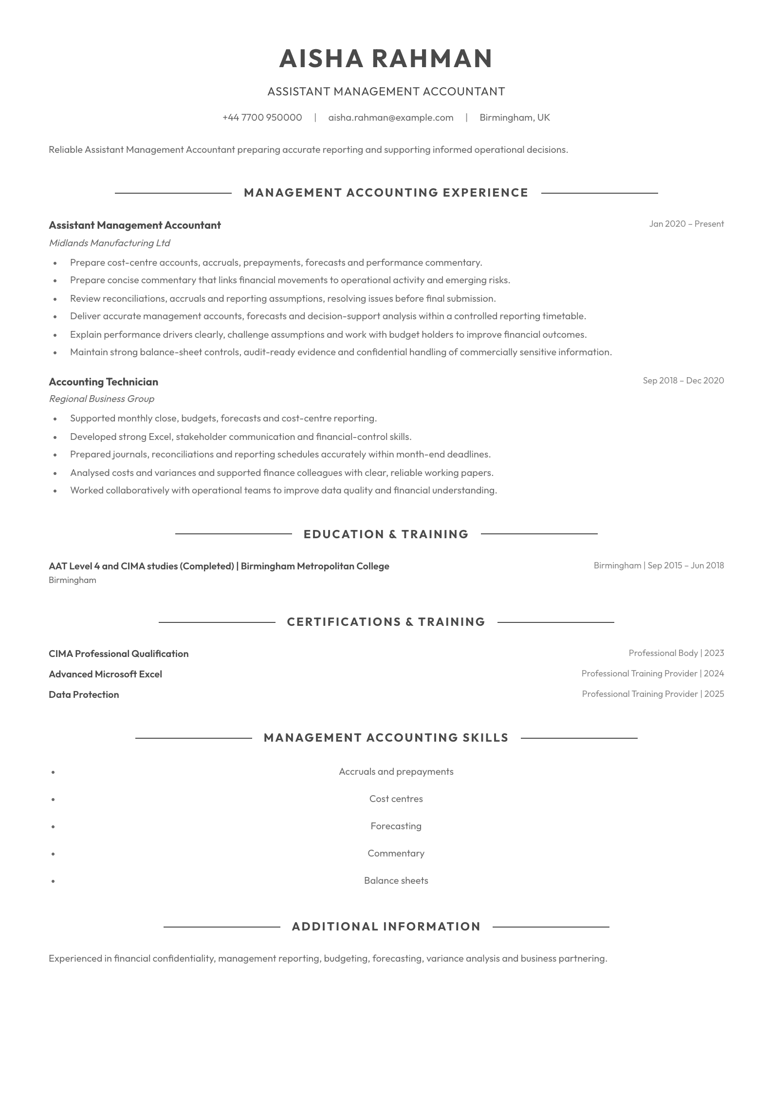 Assistant Management Accountant CV template