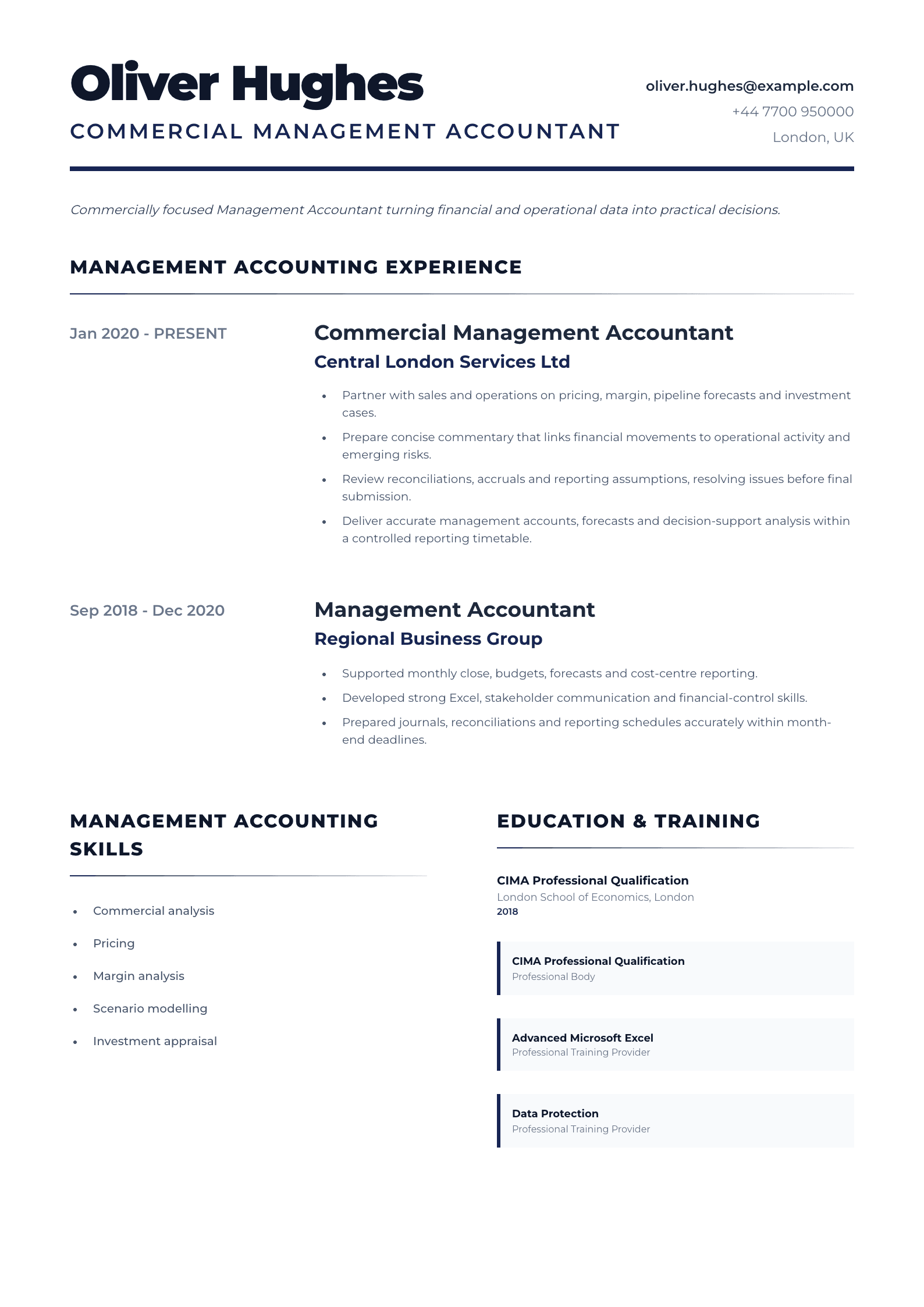 Commercial Management Accountant CV template