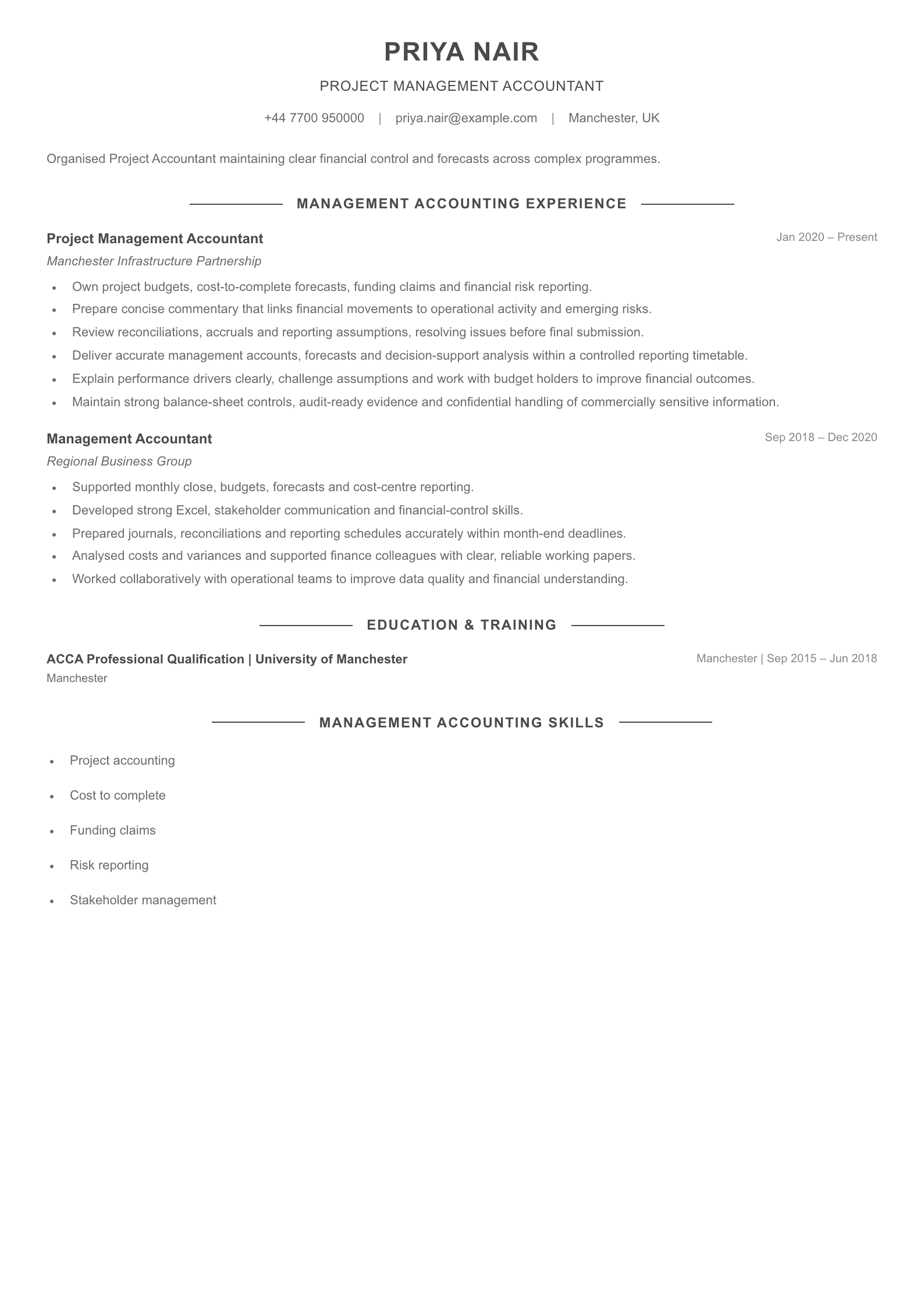 Project Management Accountant CV template