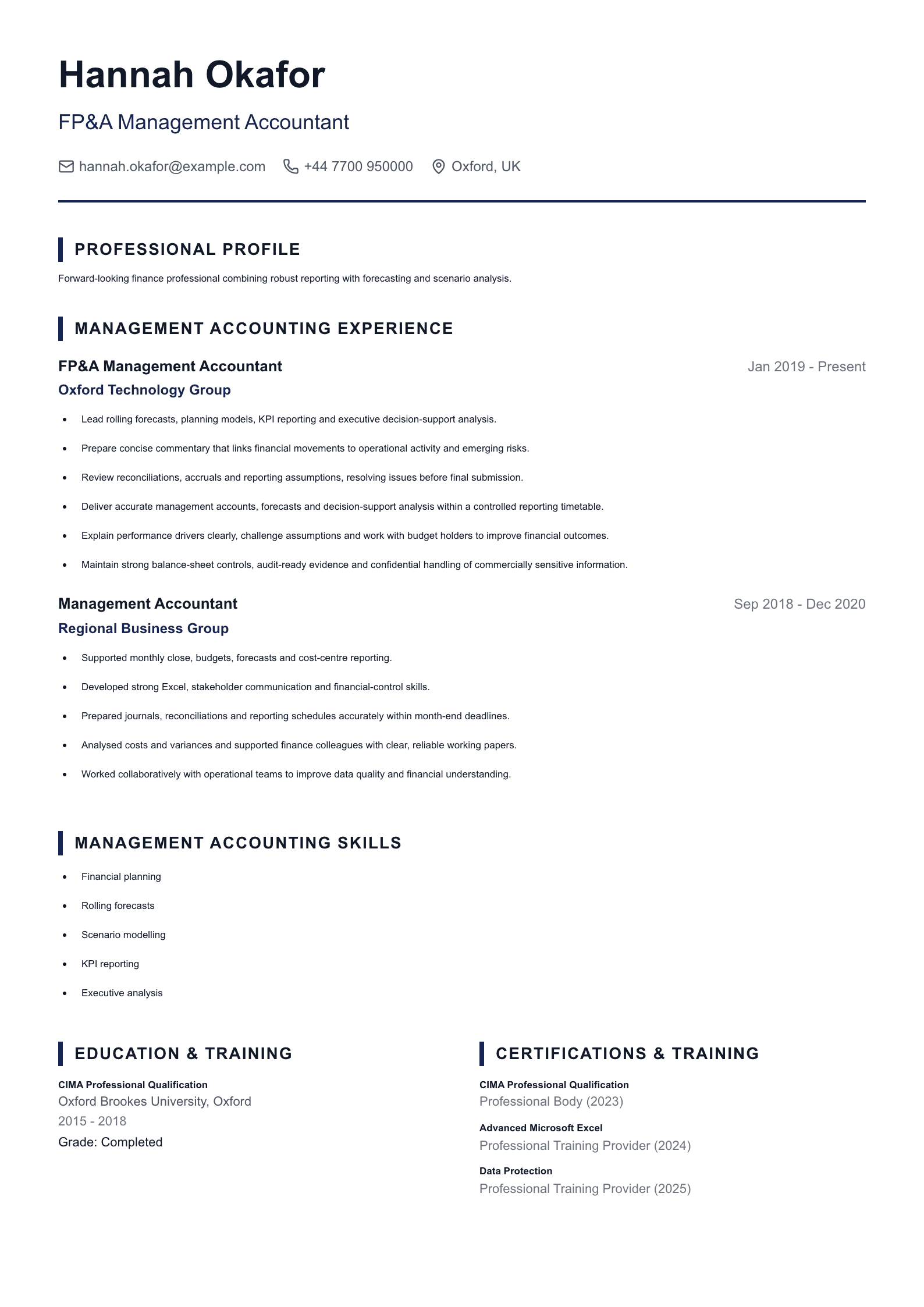 FP&A Management Accountant CV template