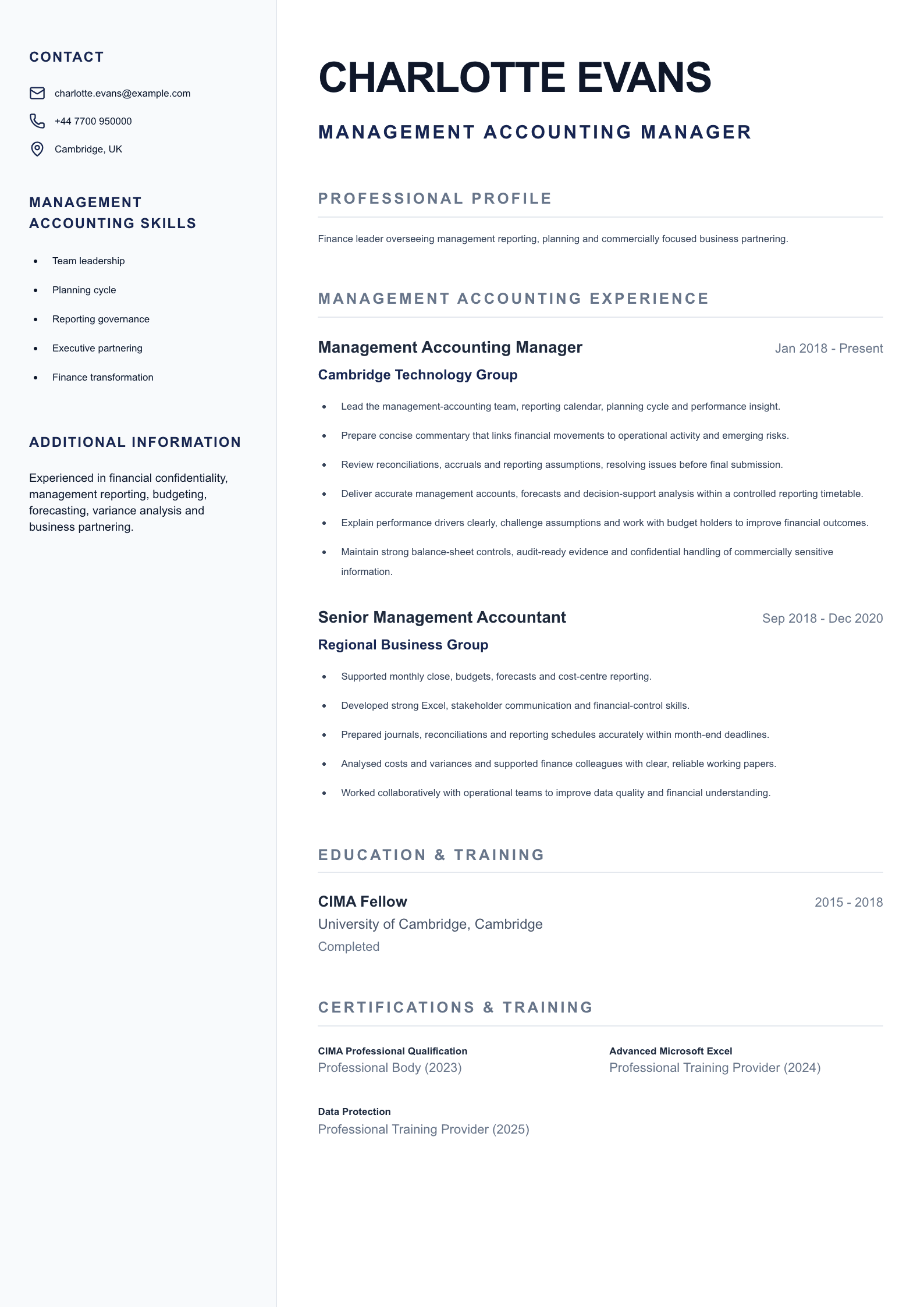 Management Accounting Manager CV template