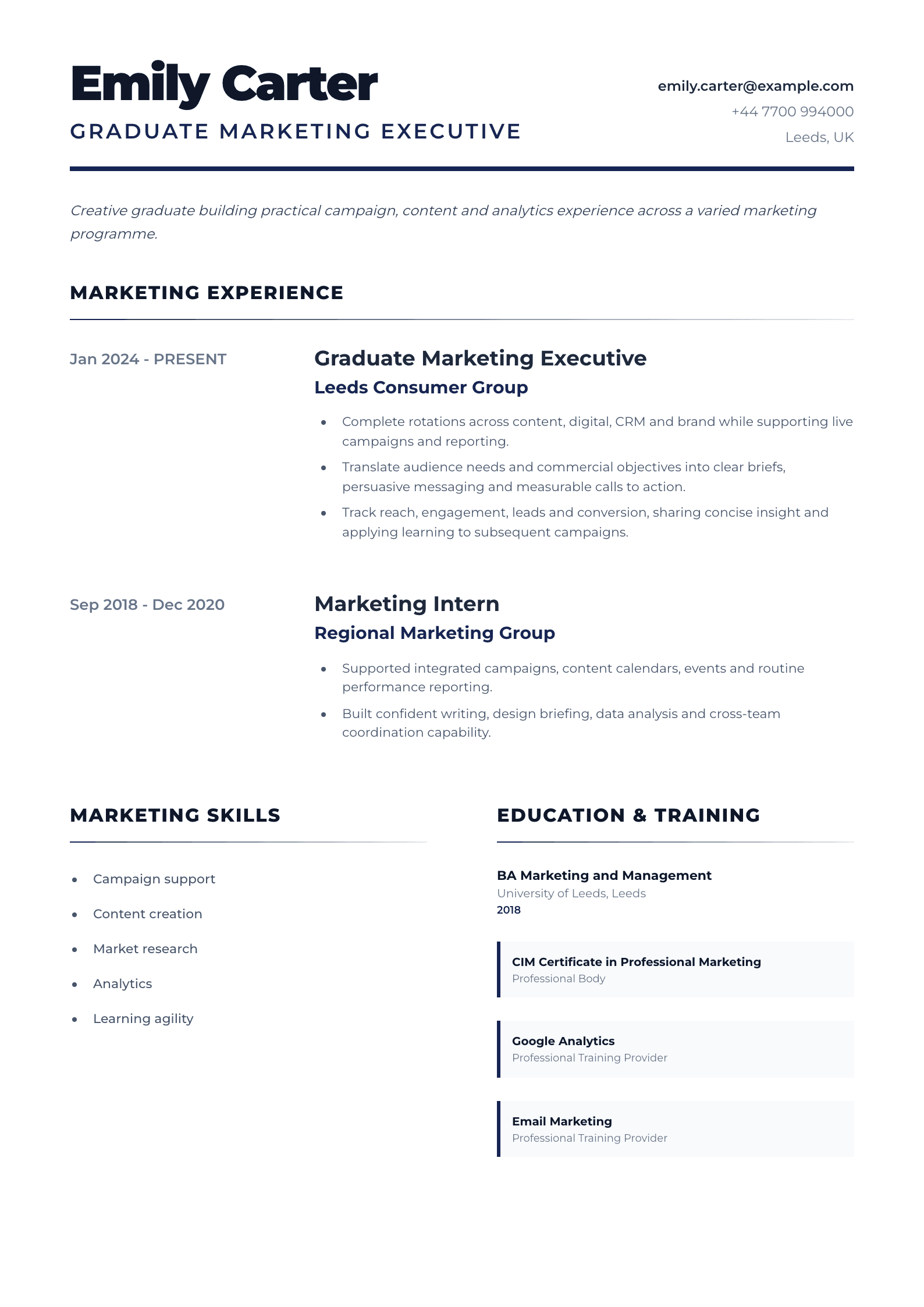 Graduate Marketing Executive CV template