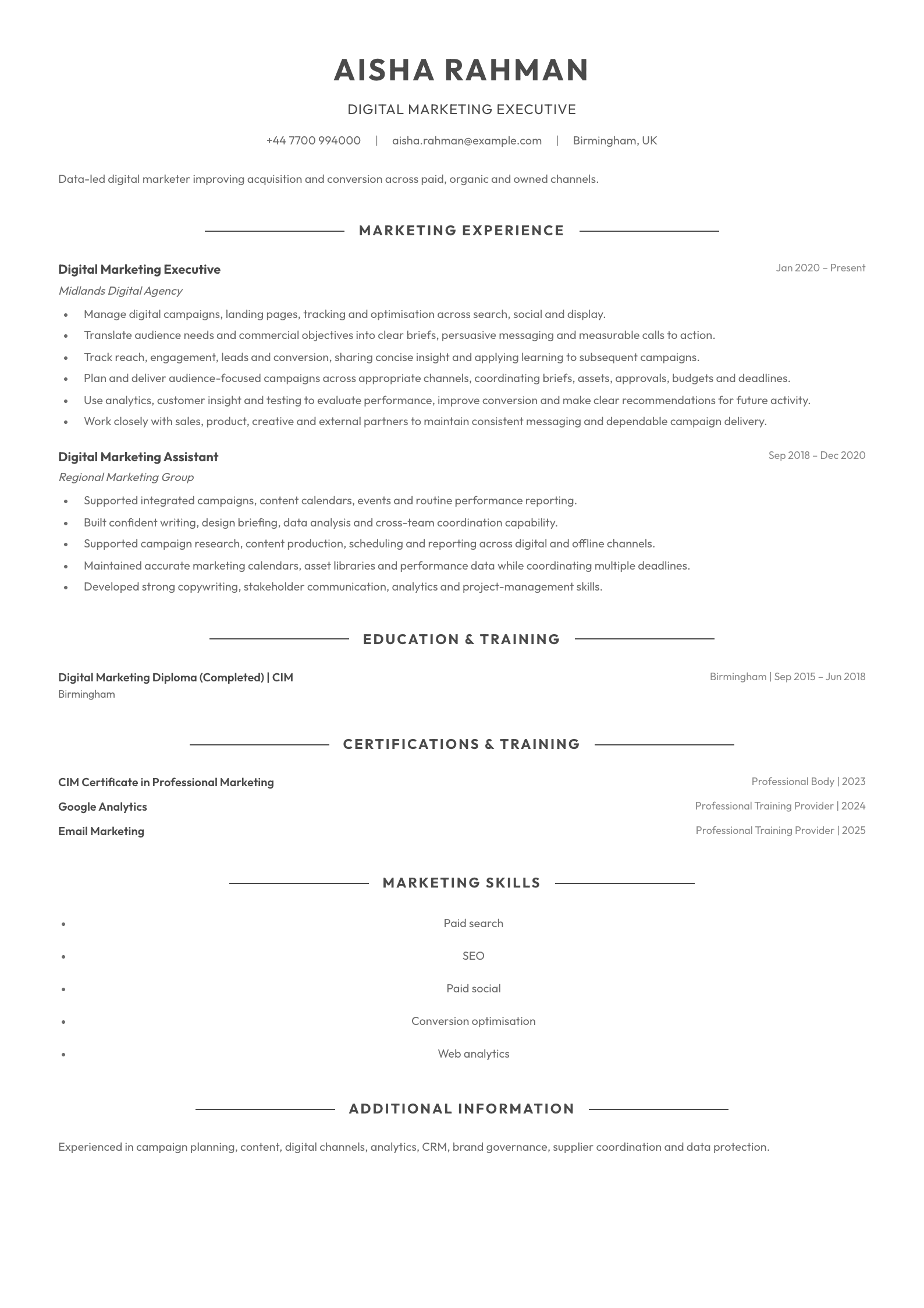 Digital Marketing Executive CV template