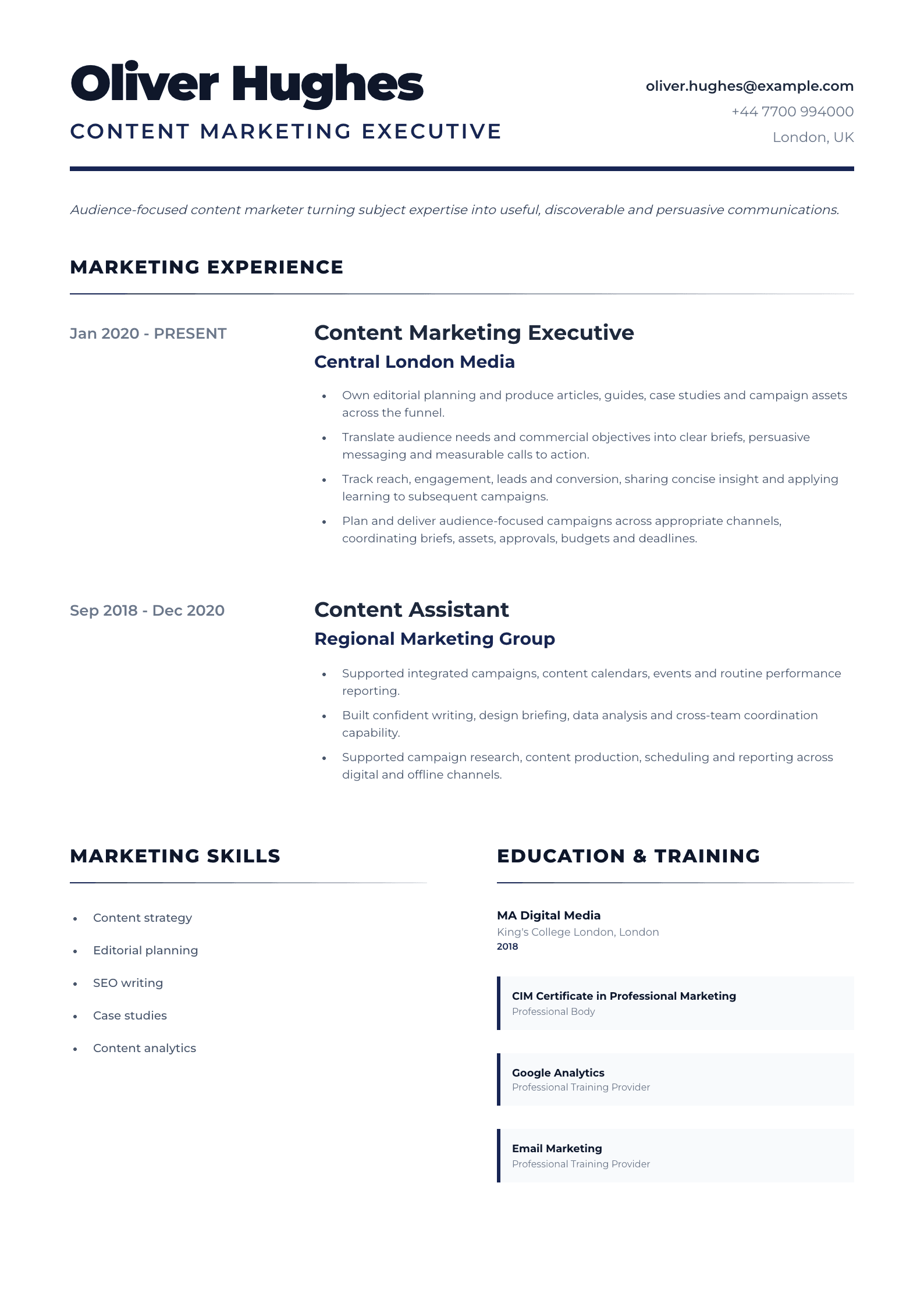 Content Marketing Executive CV template