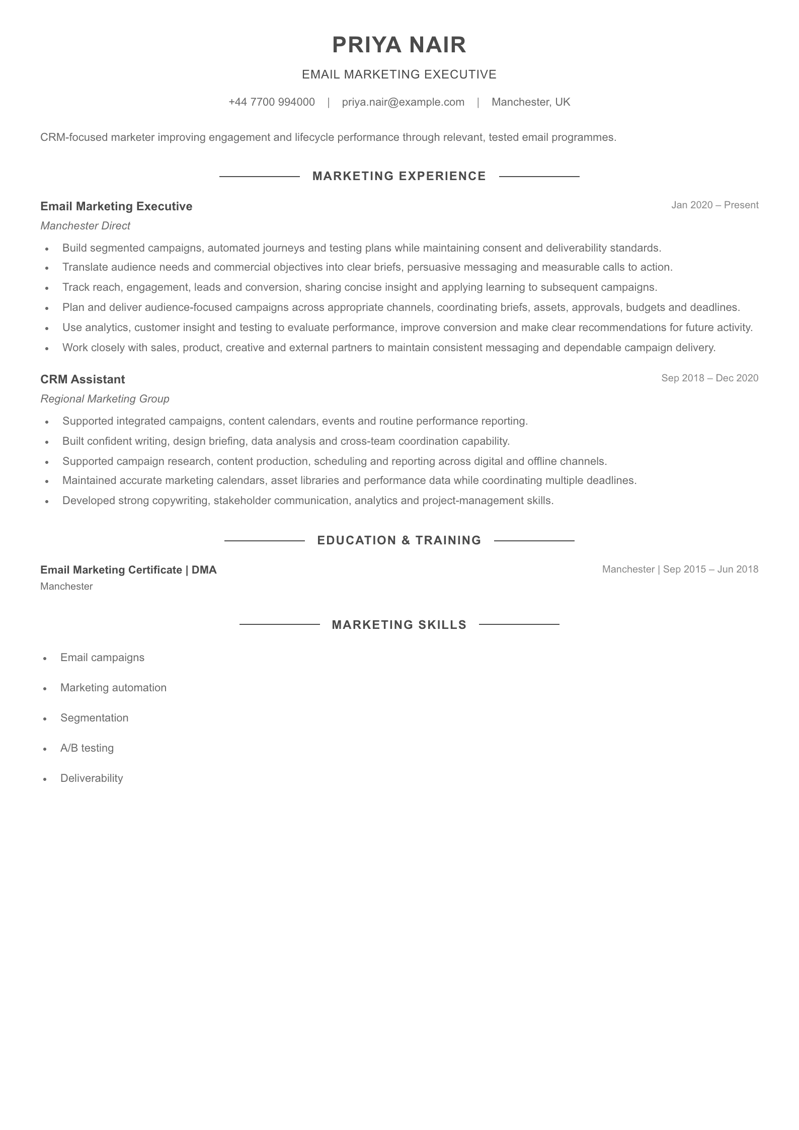 Email Marketing Executive CV template