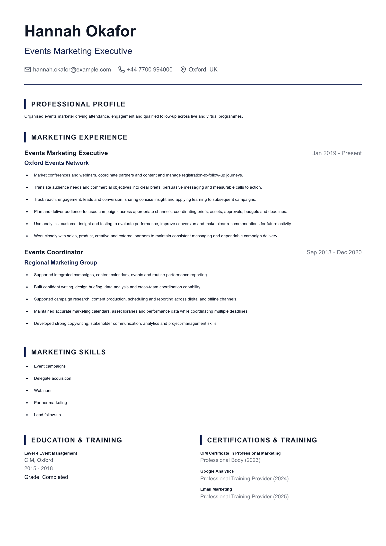 Events Marketing Executive CV template