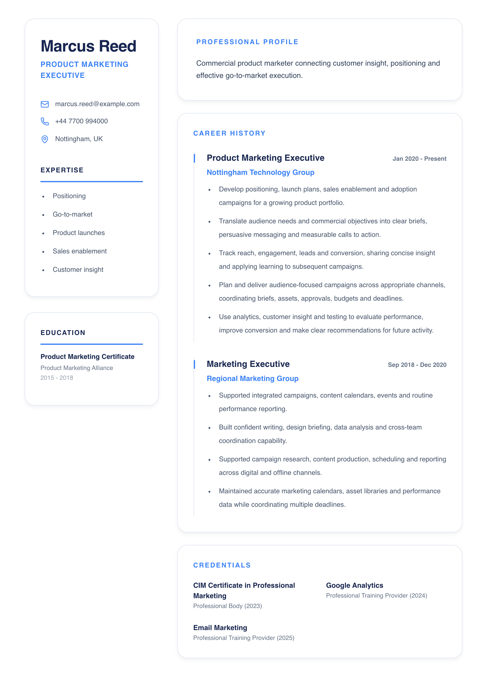 Product Marketing Executive CV template