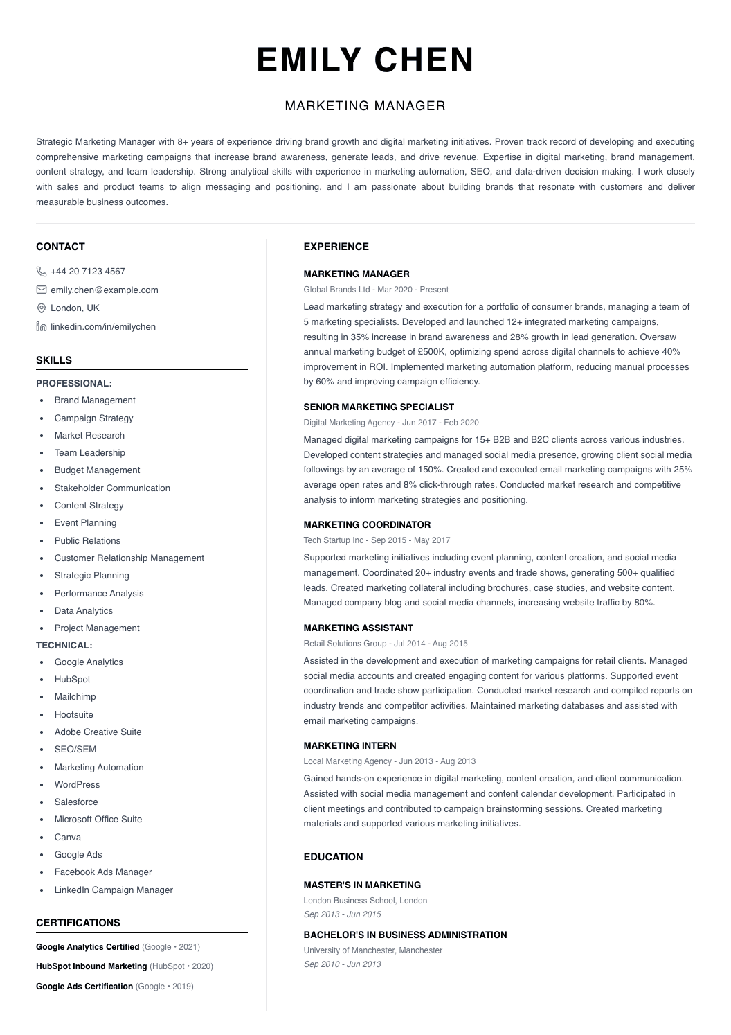 free cv template two column