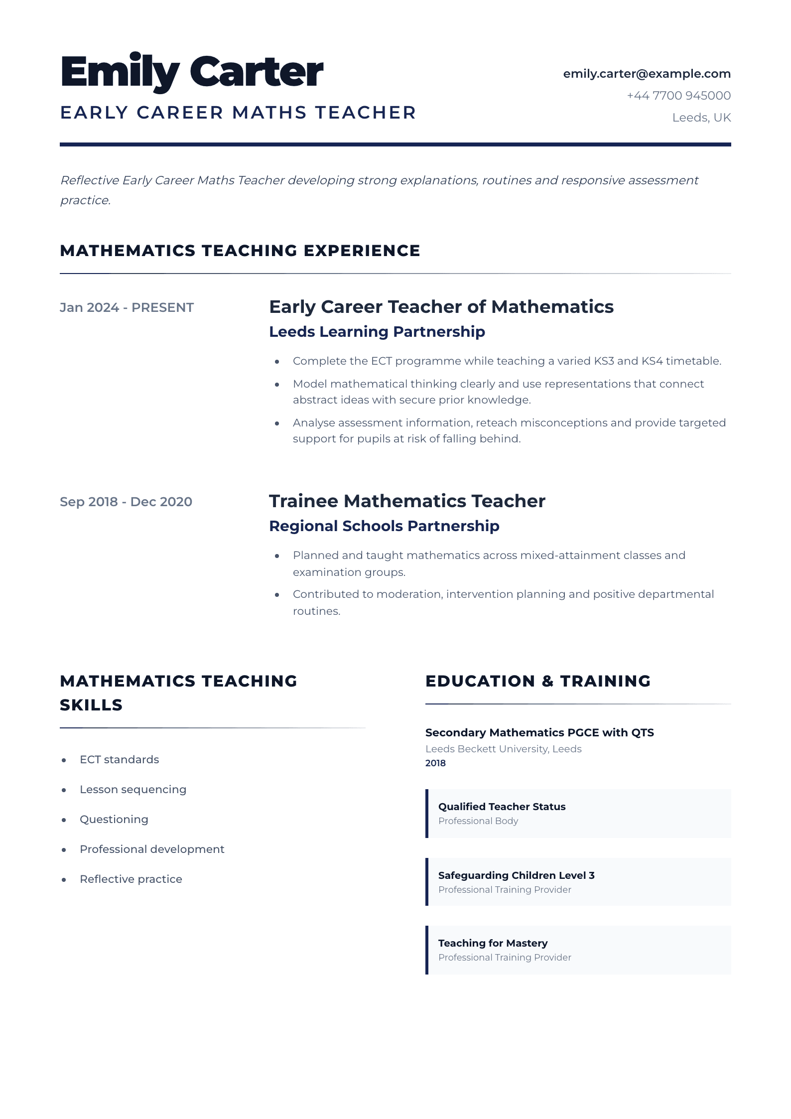 Early Career Maths Teacher CV template