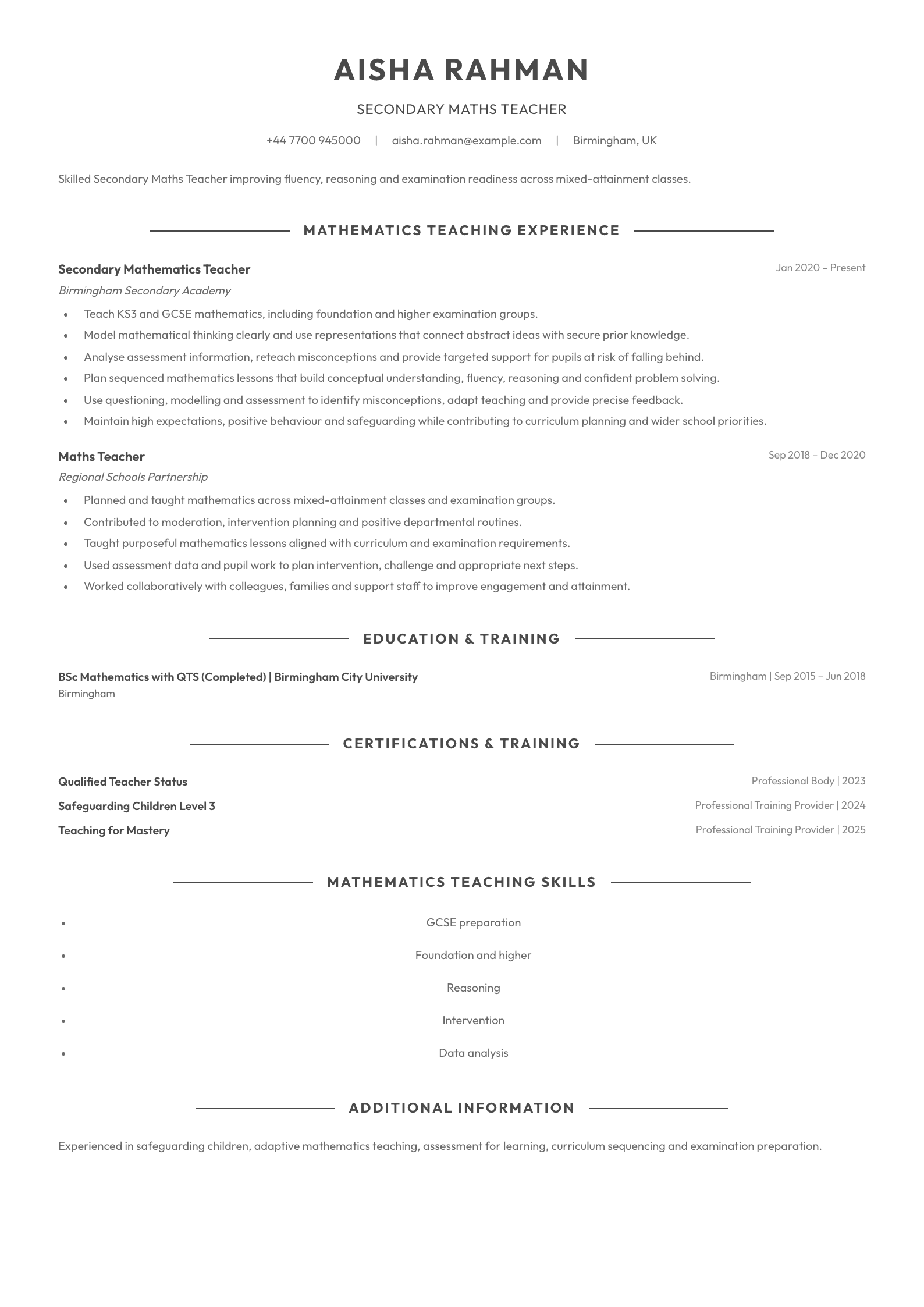 Secondary Maths Teacher CV template