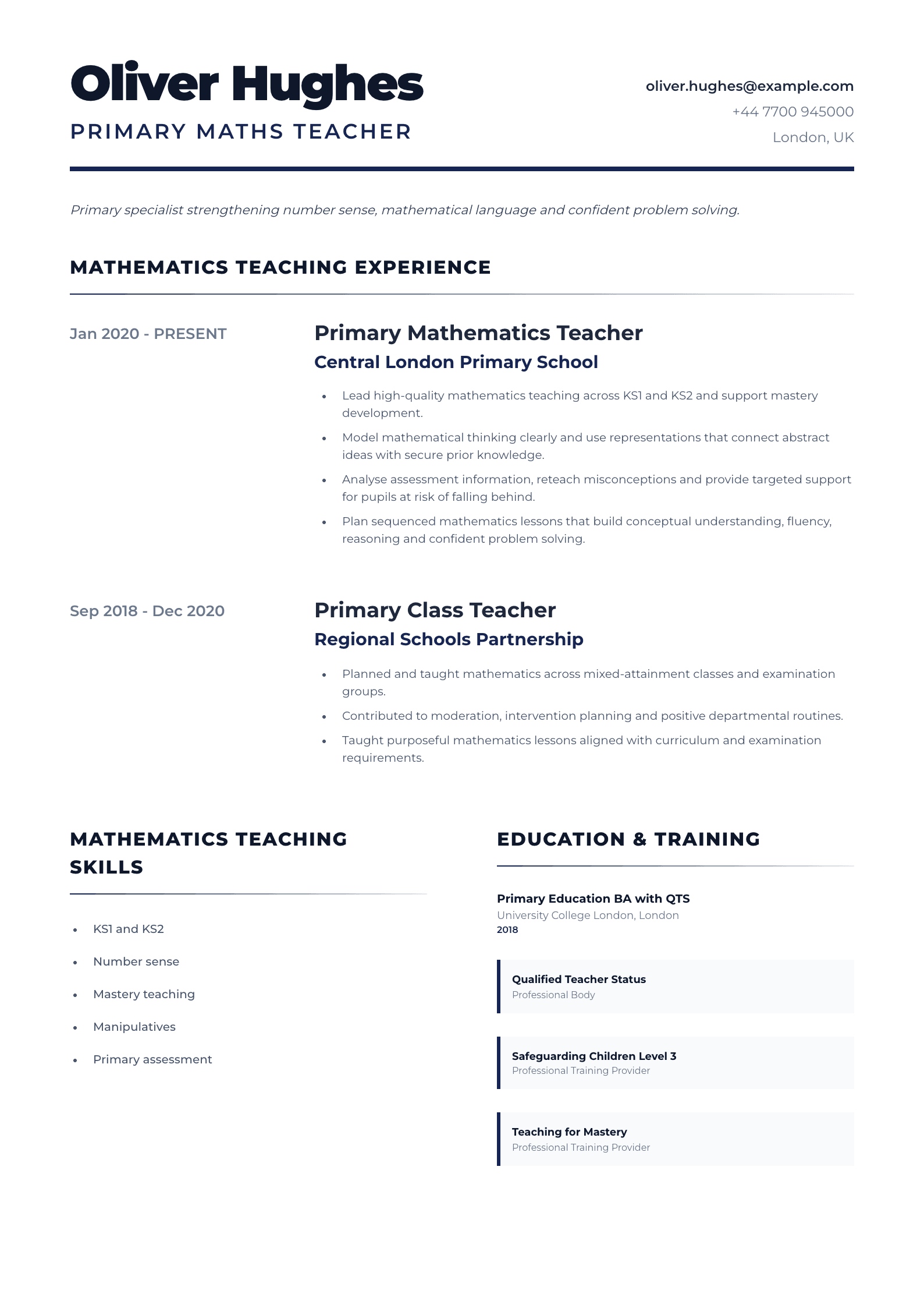 Primary Maths Teacher CV template