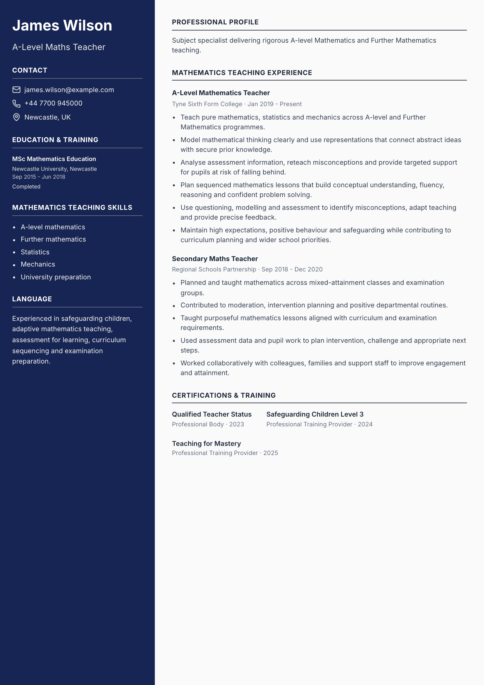 A-Level Maths Teacher CV template