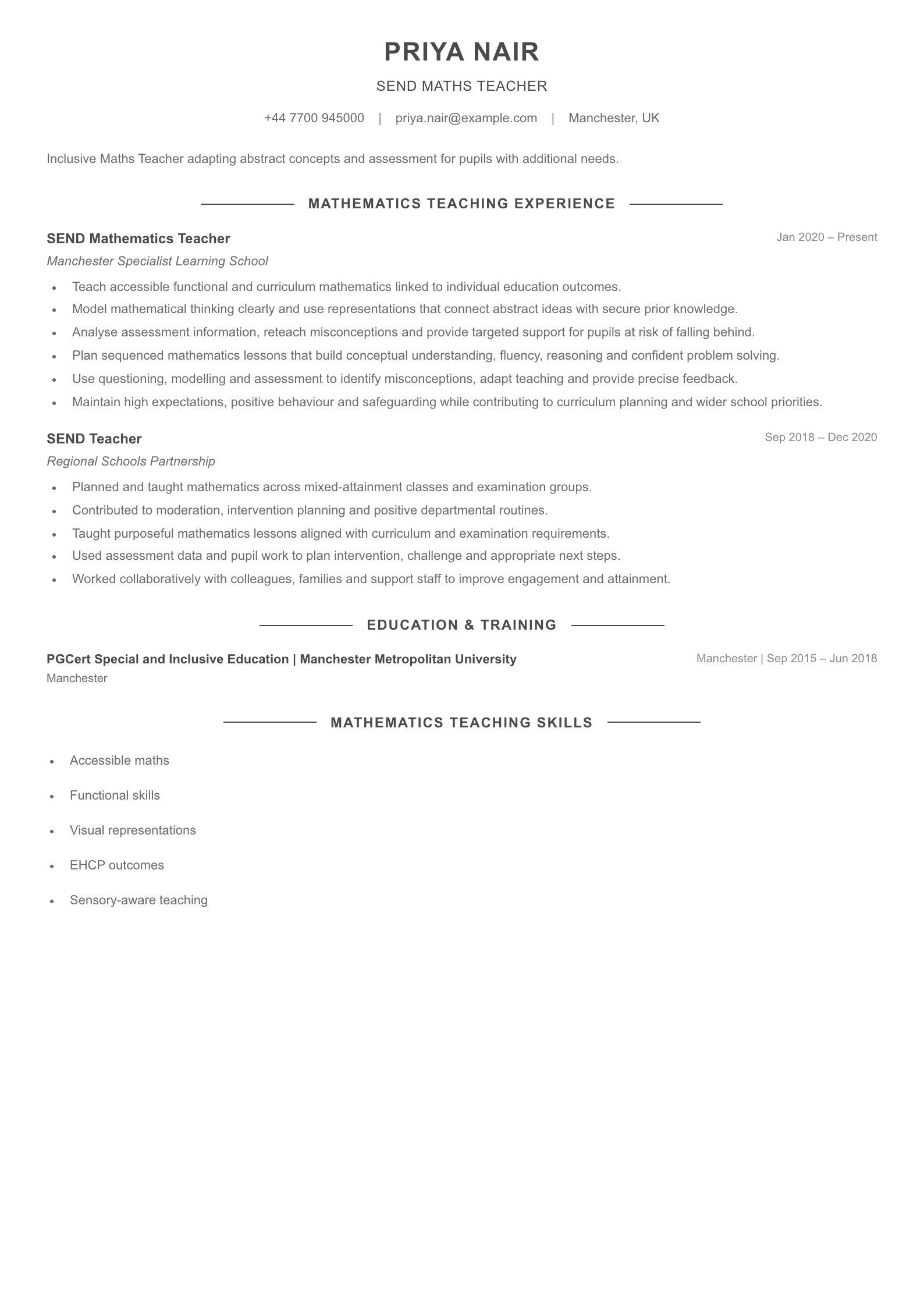 SEND Maths Teacher CV template