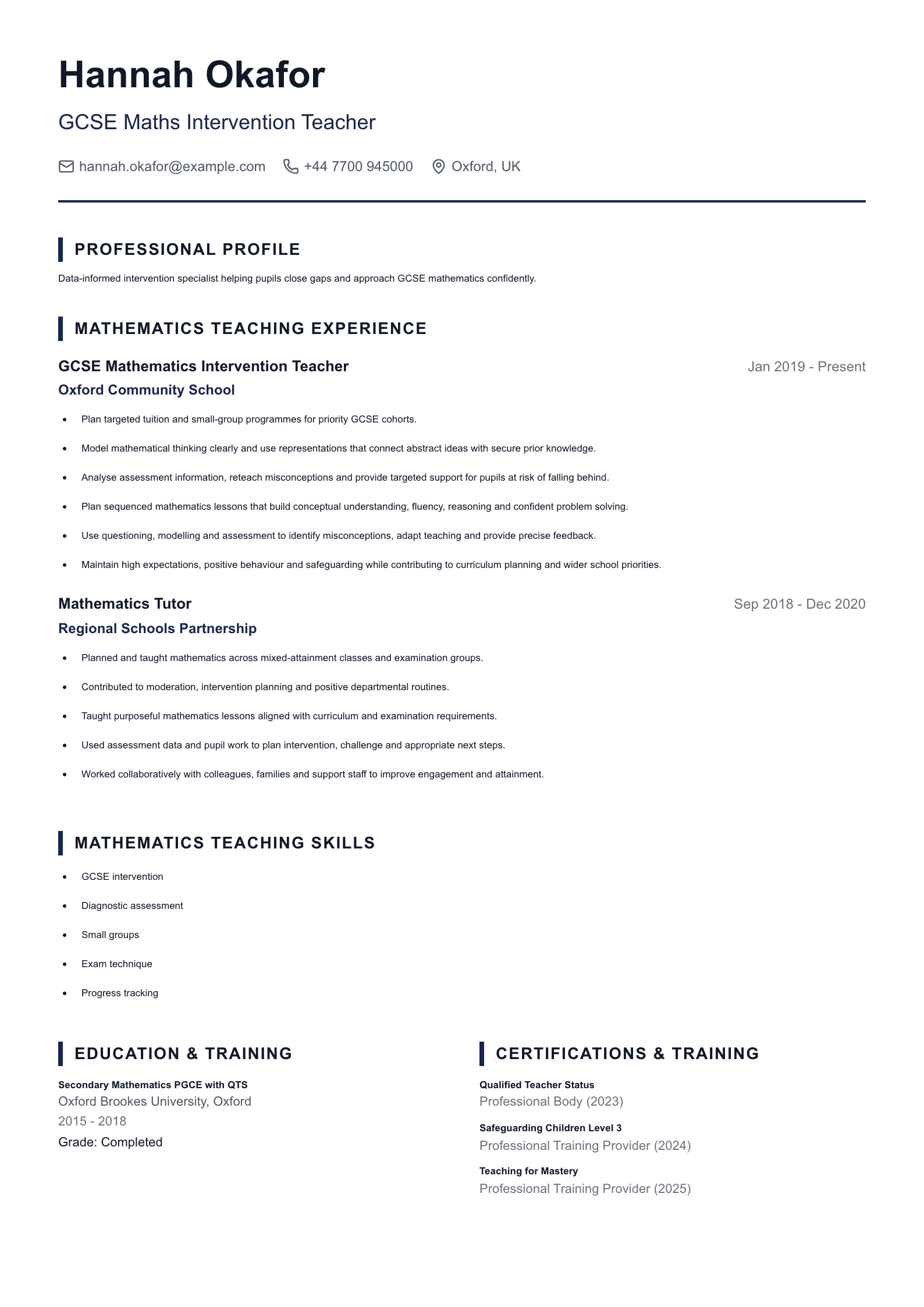GCSE Maths Intervention Teacher CV template