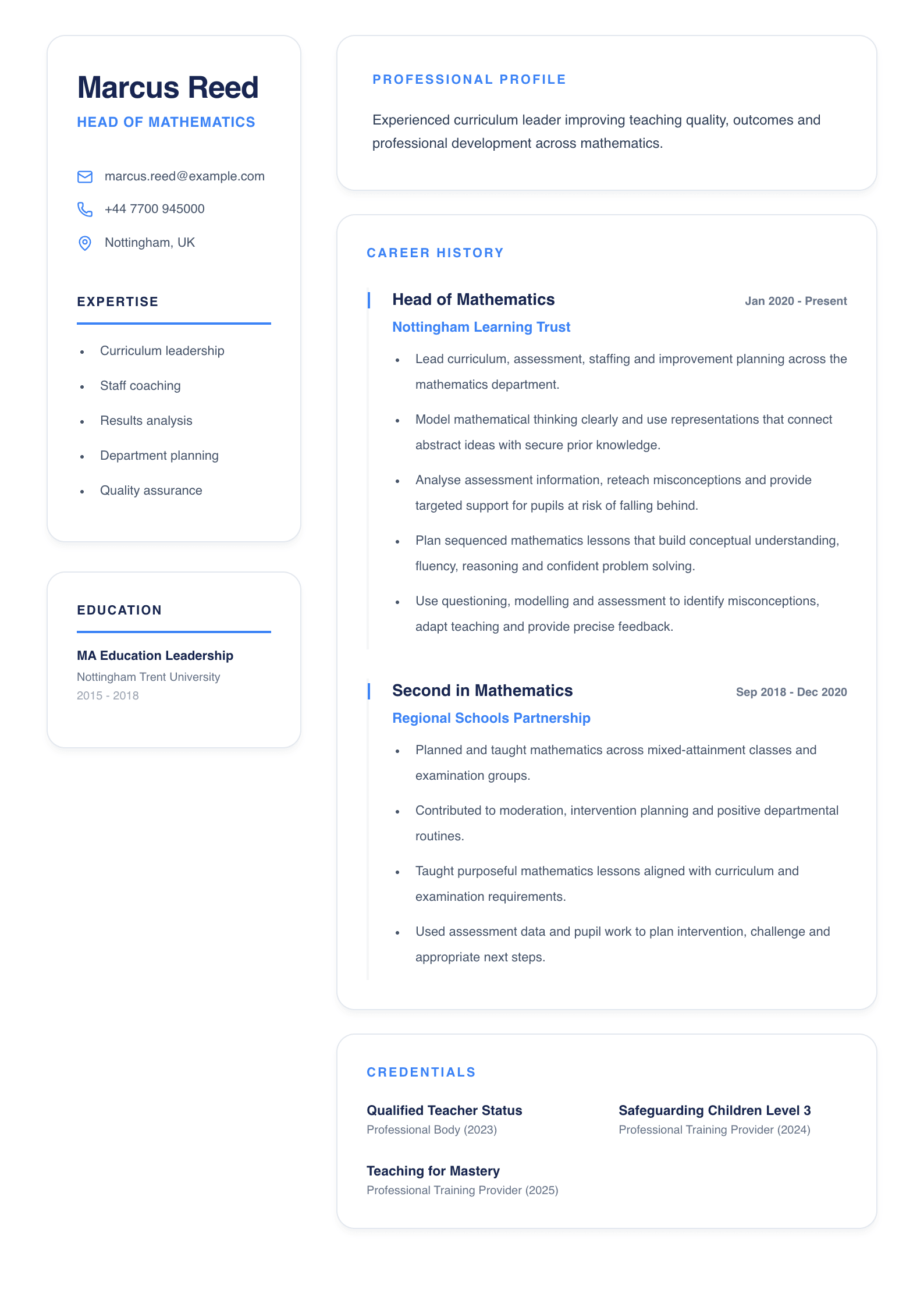 Head of Mathematics CV template
