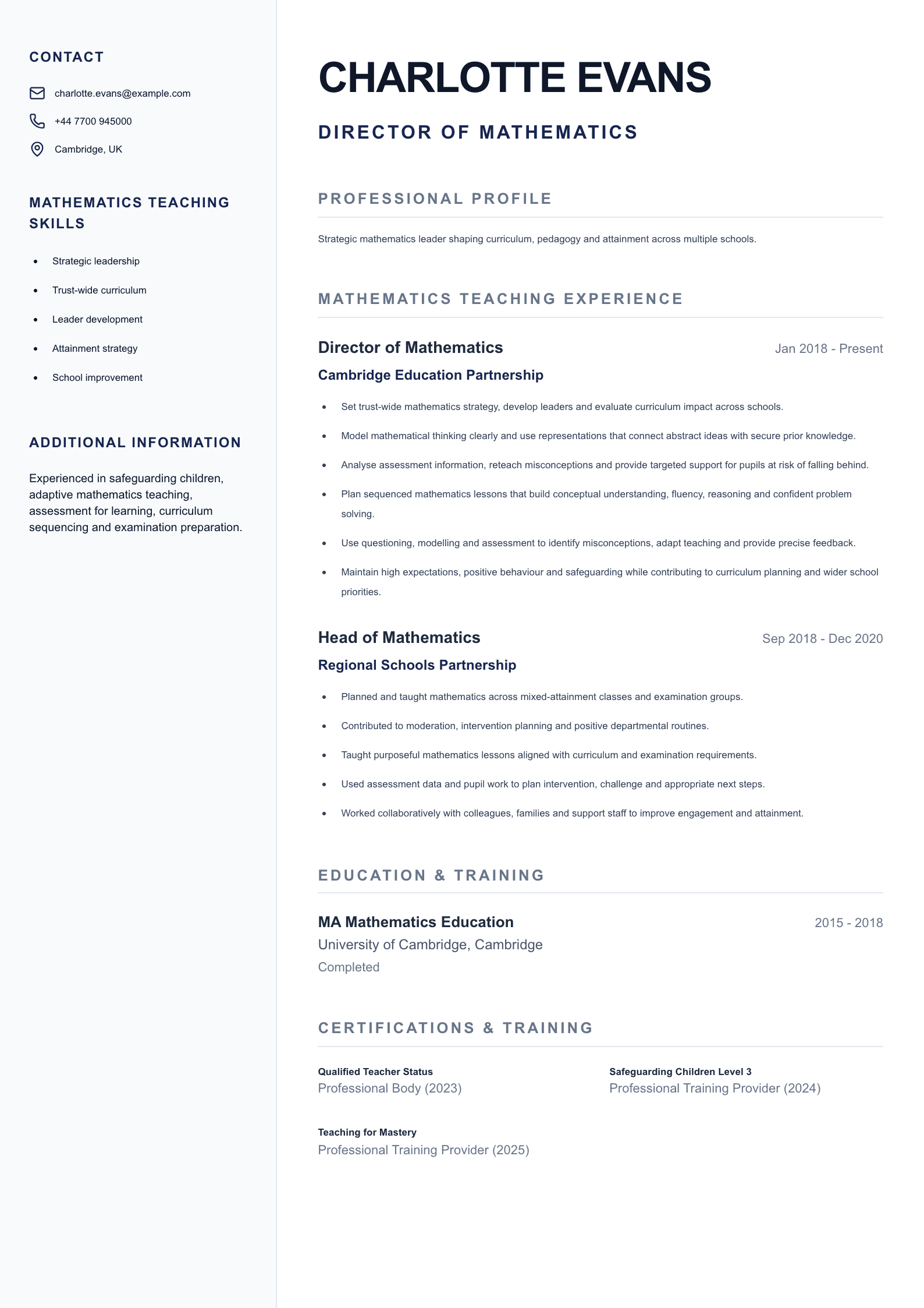 Director of Mathematics CV template
