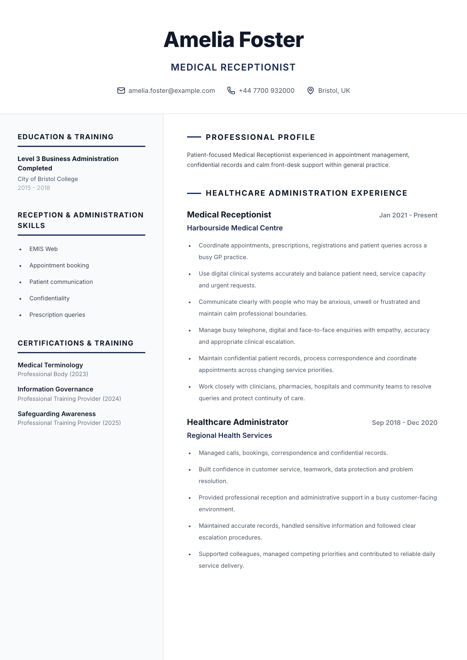 Medical receptionist CV