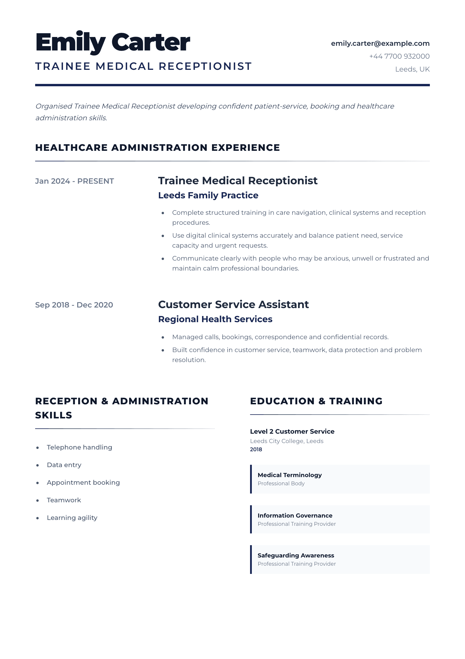 Trainee Medical Receptionist CV template