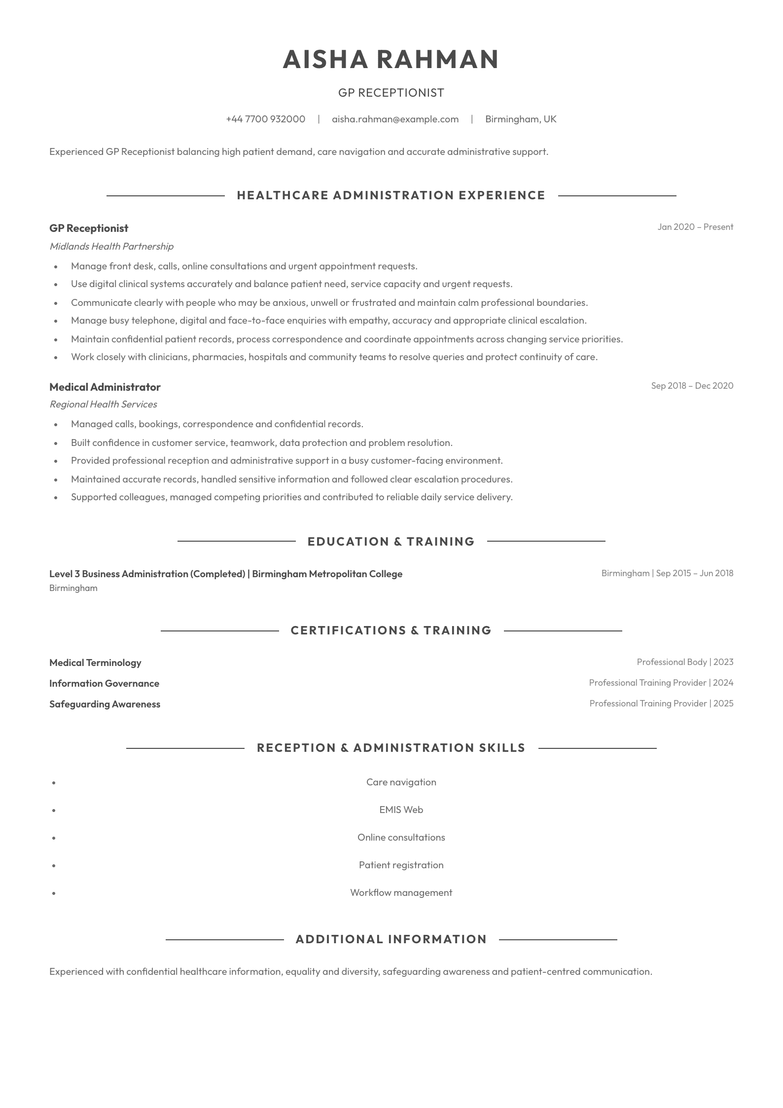 GP Receptionist CV template