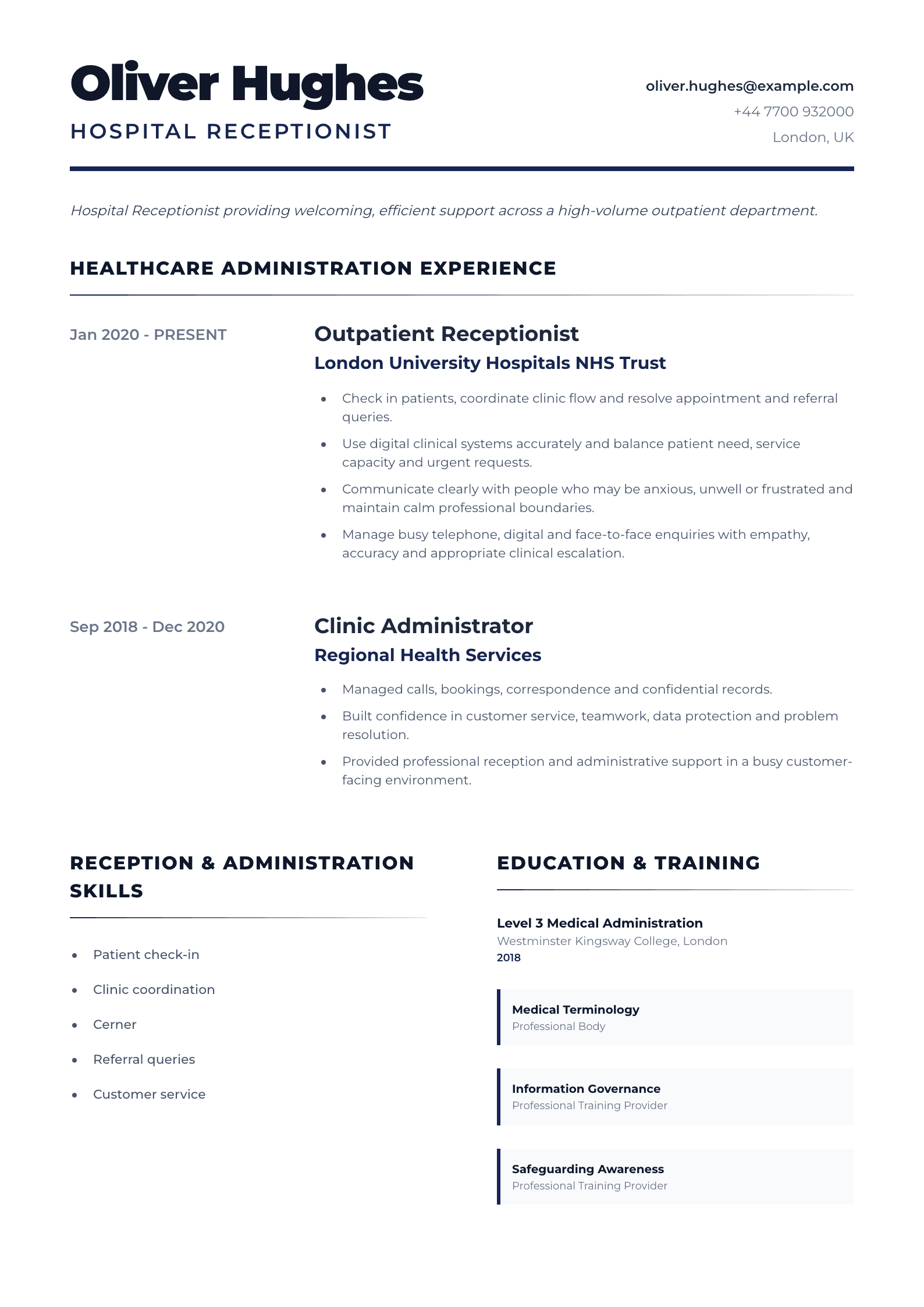 Hospital Receptionist CV template