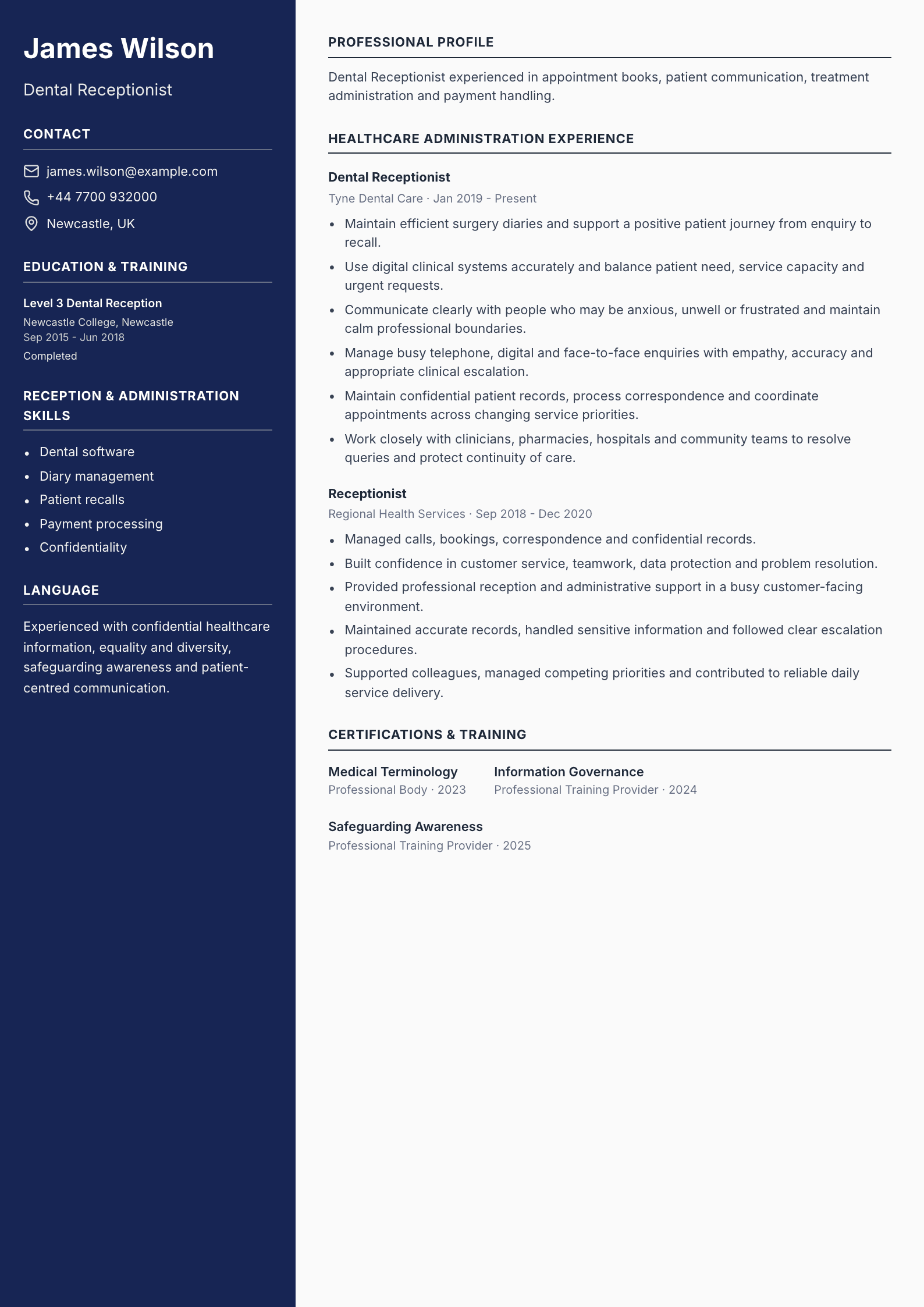 Dental Receptionist CV template