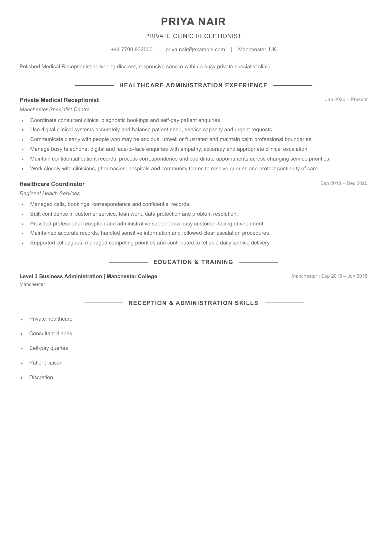 Private Clinic Receptionist CV template