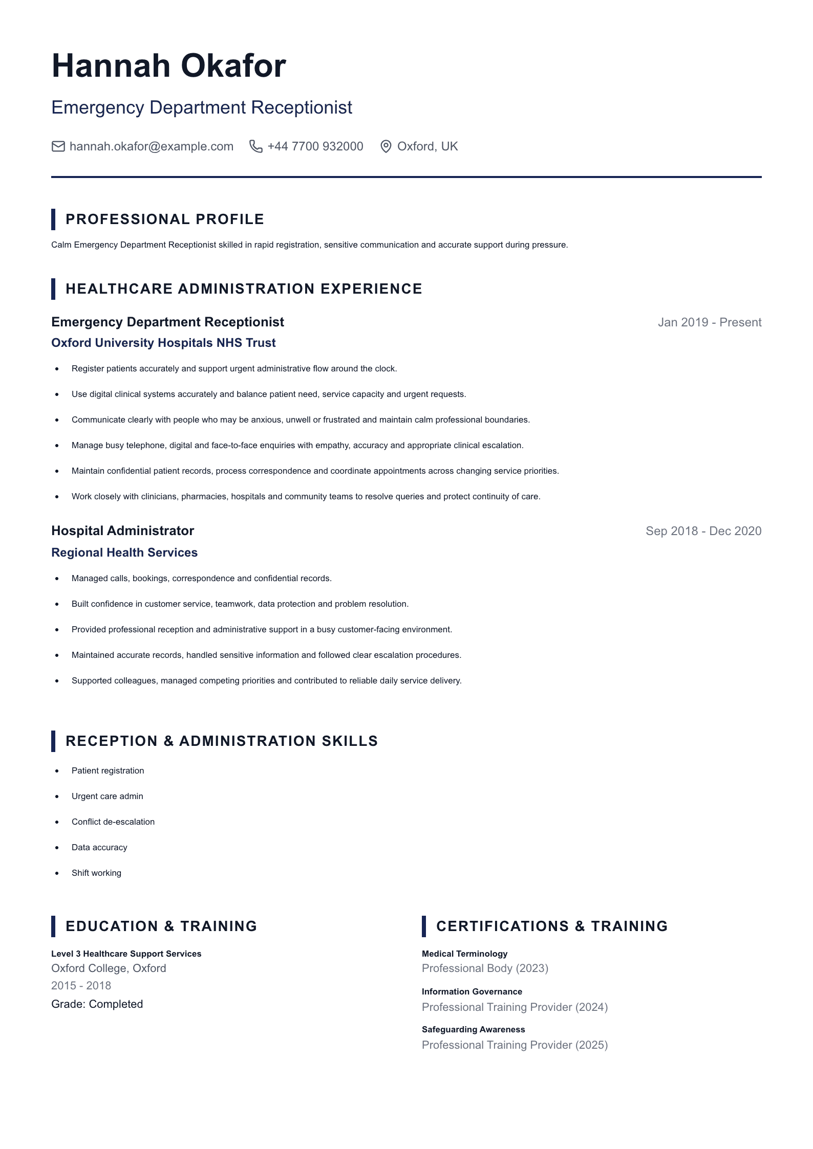 Emergency Department Receptionist CV template