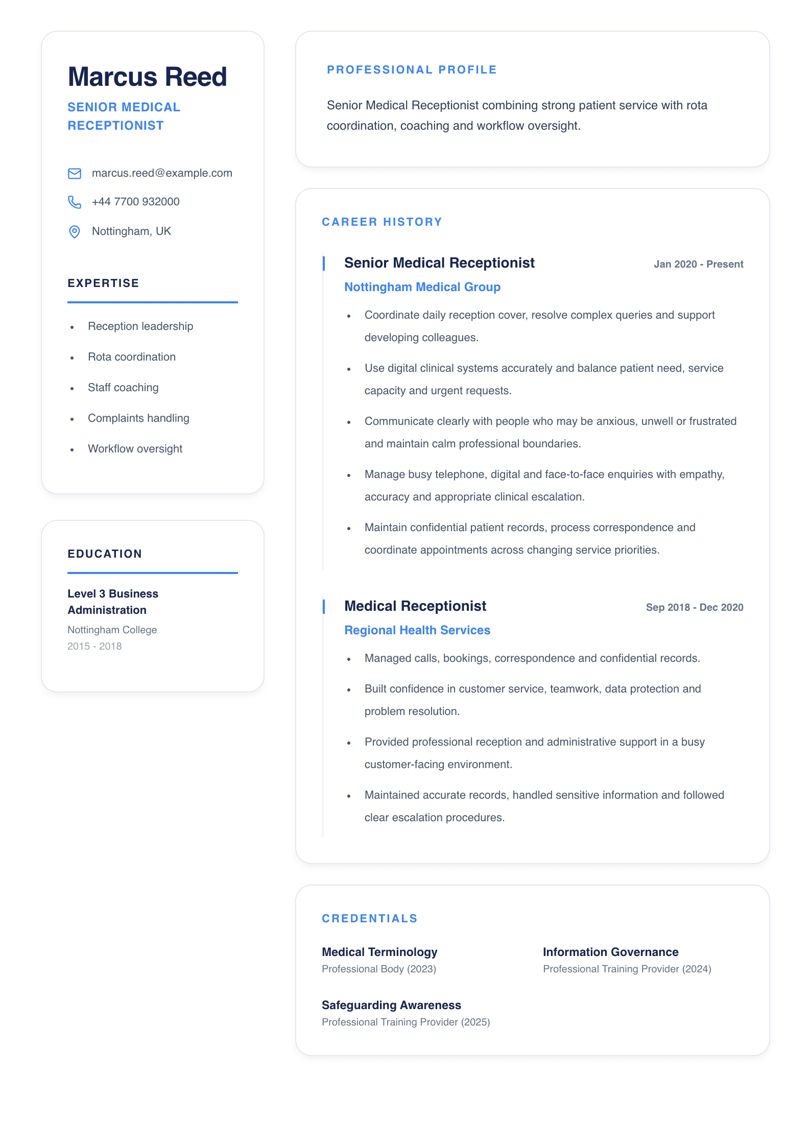 Senior Medical Receptionist CV template