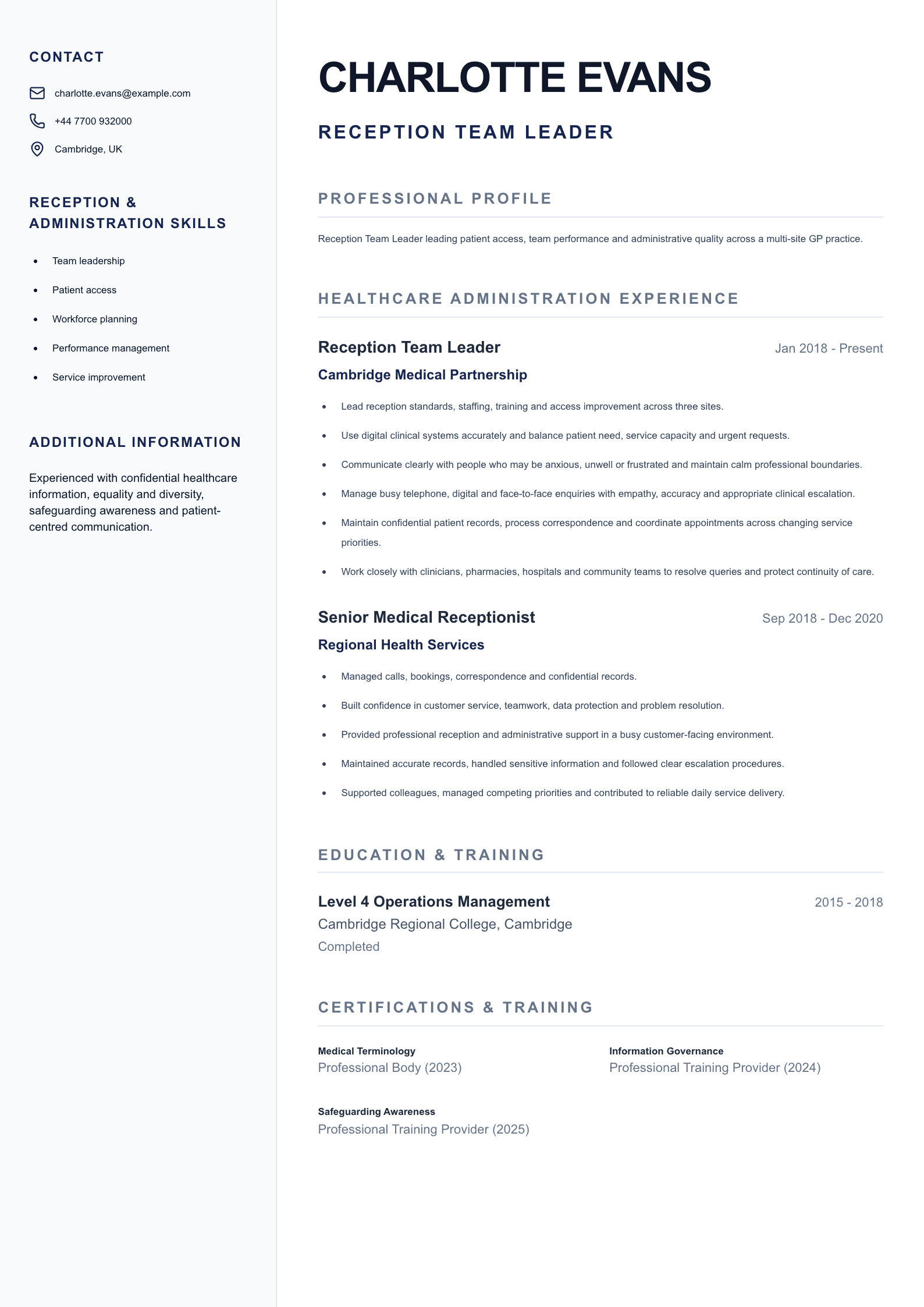 Reception Team Leader CV template