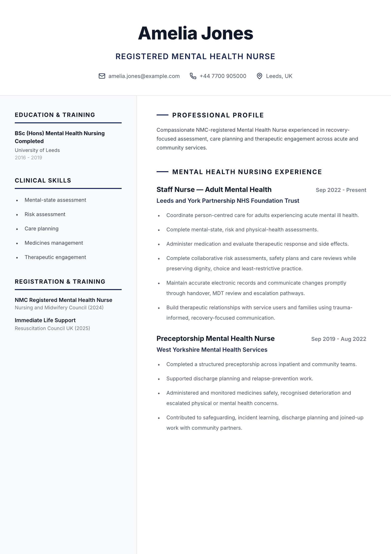 Registered Mental Health Nurse CV template