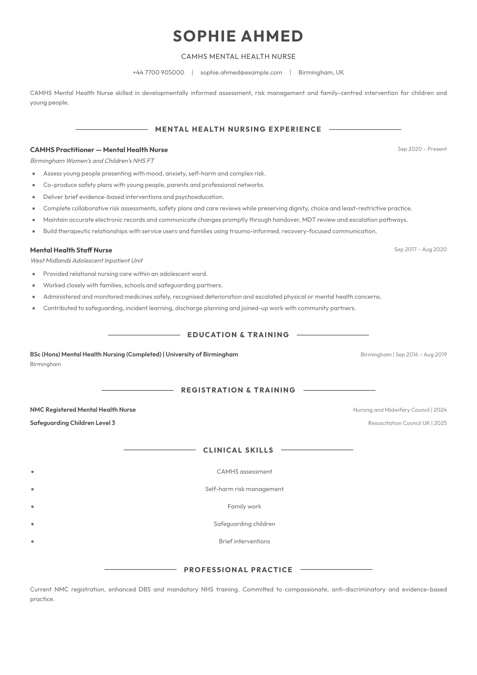 CAMHS Mental Health Nurse CV template